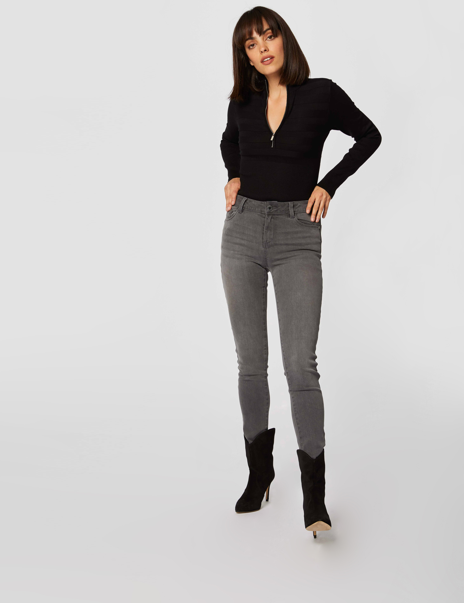 Pull manches longues col montant zipp&eacute; noir femme