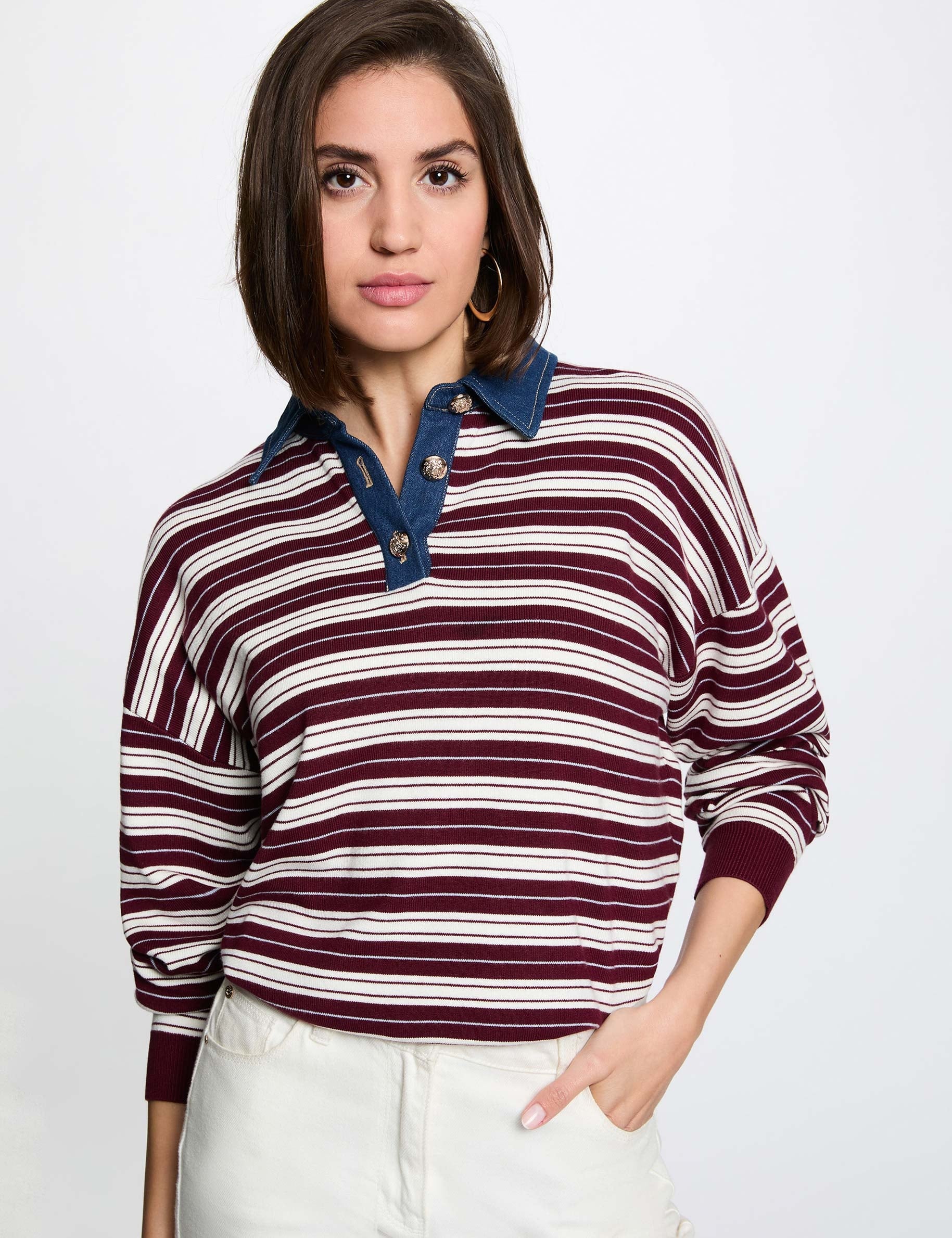 Gestreifter Pullover mit Reverskragen bordeaux damen