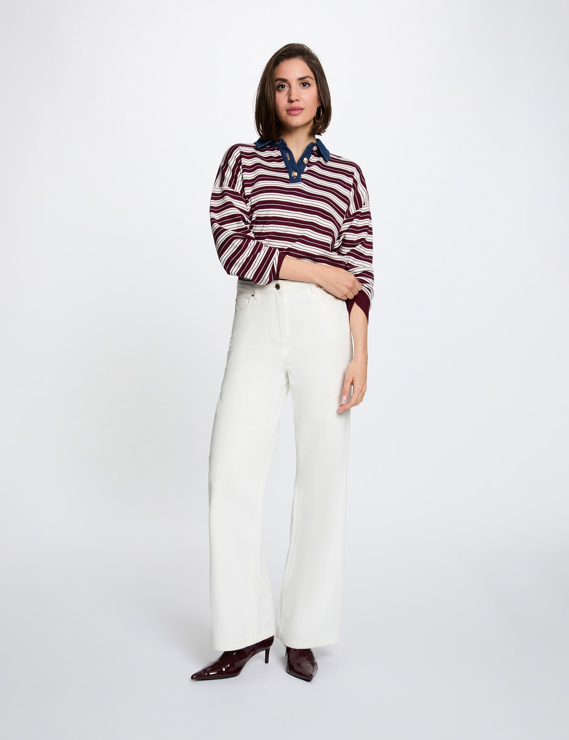 Gestreifter Pullover mit Reverskragen bordeaux damen