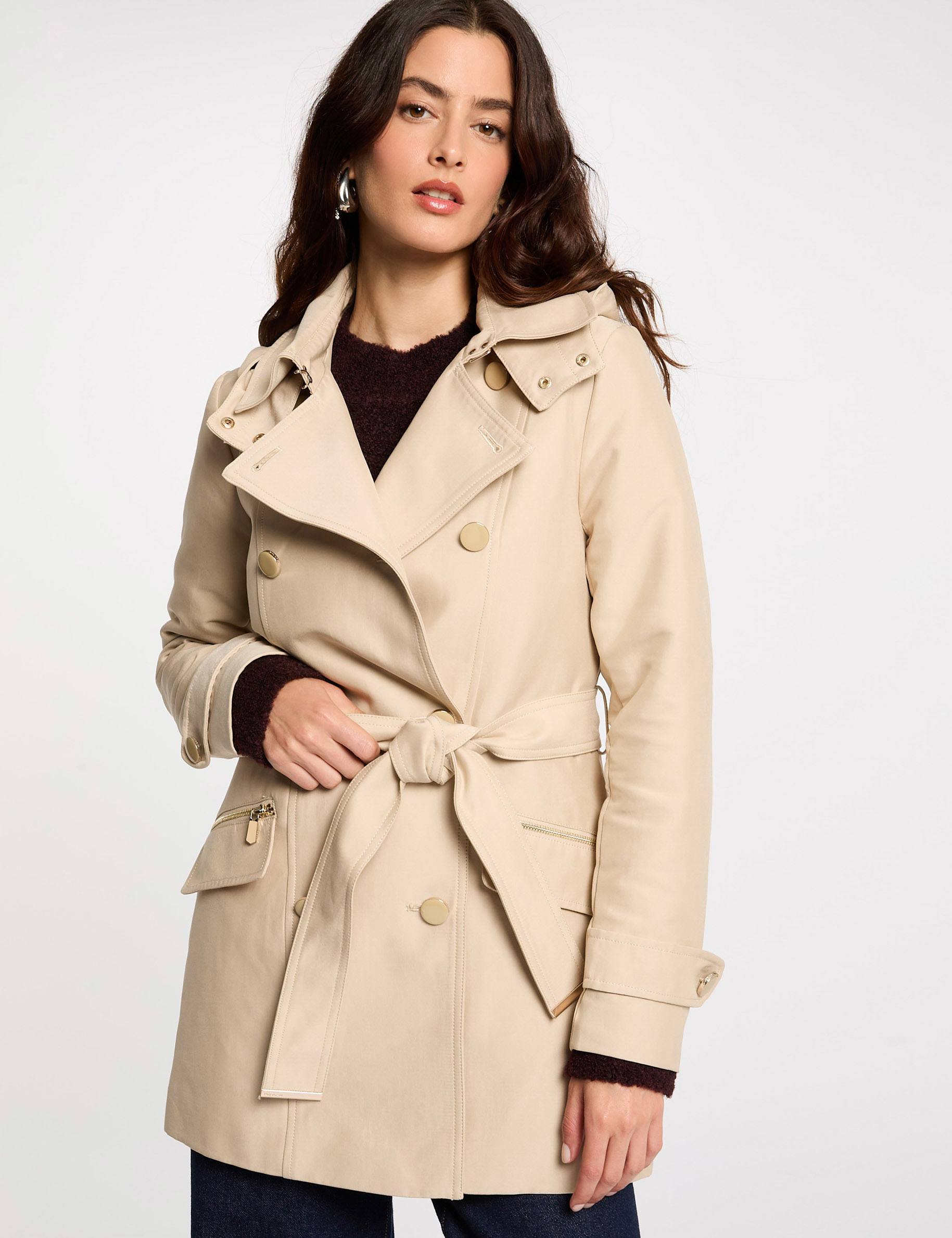 trench cintre ceinture a capuche sable femme Trench cintré ceinturé à capuche sable femme