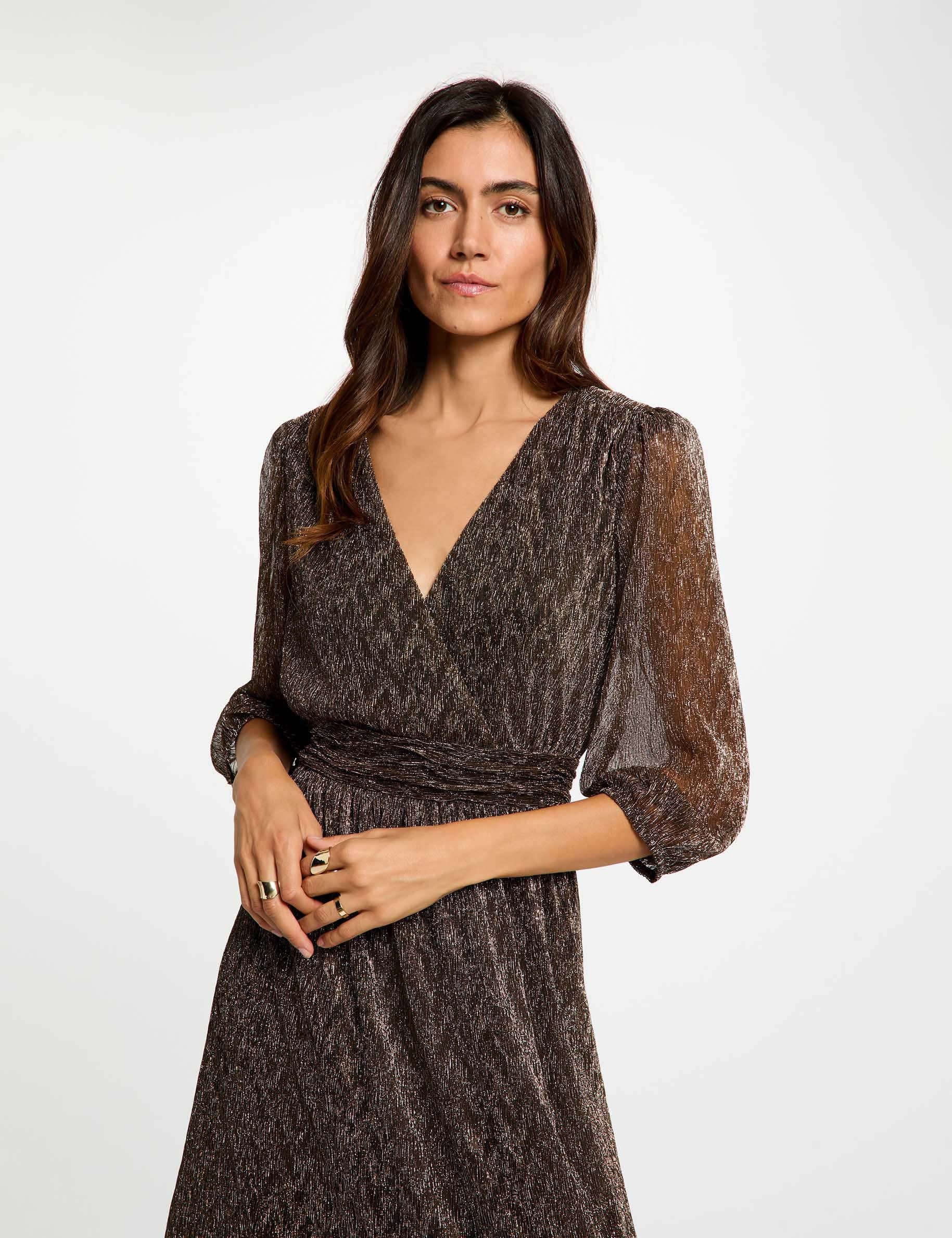 Robe longue pliss&eacute;e couleur bronze femme