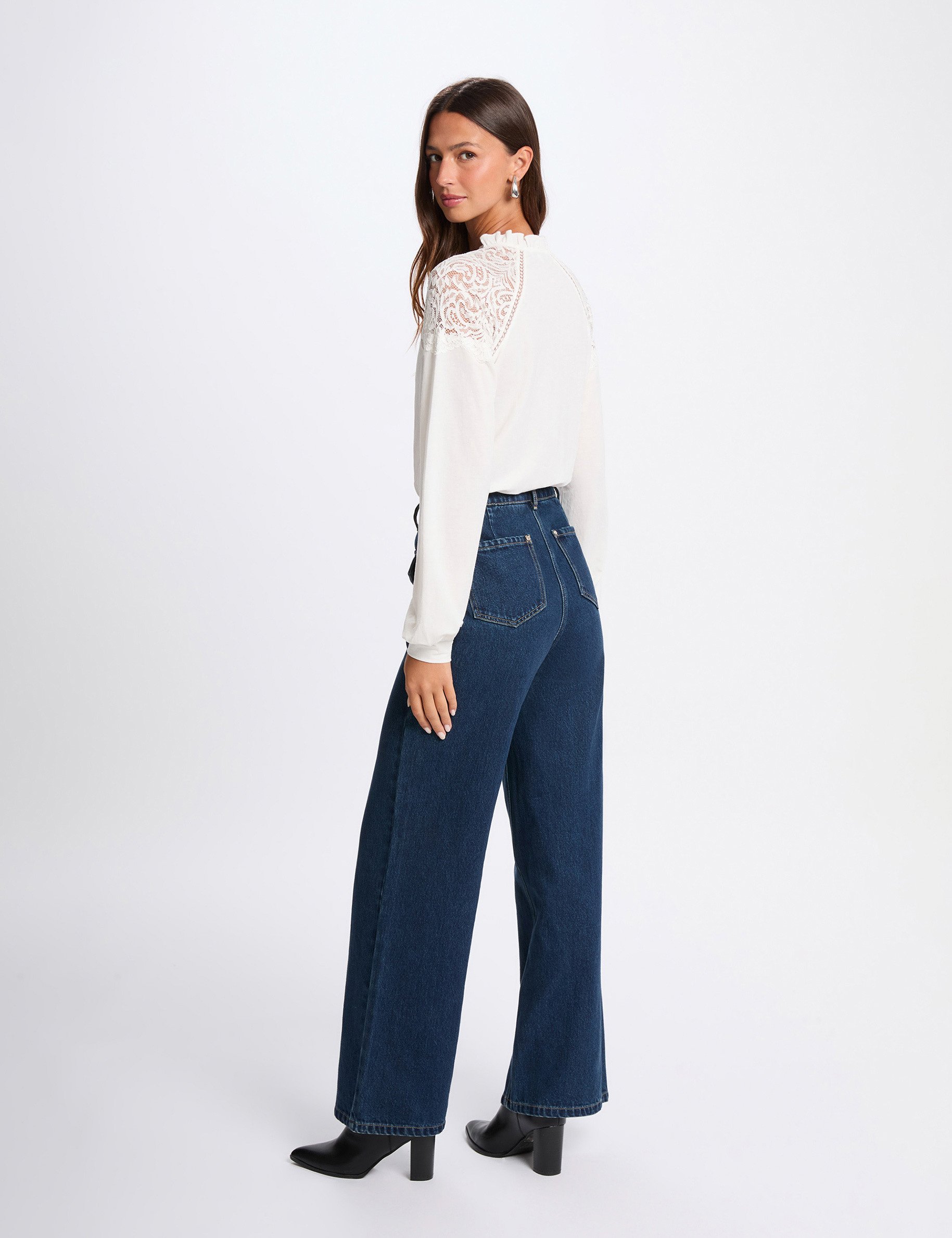 T-shirt dentelle col v blanc femme