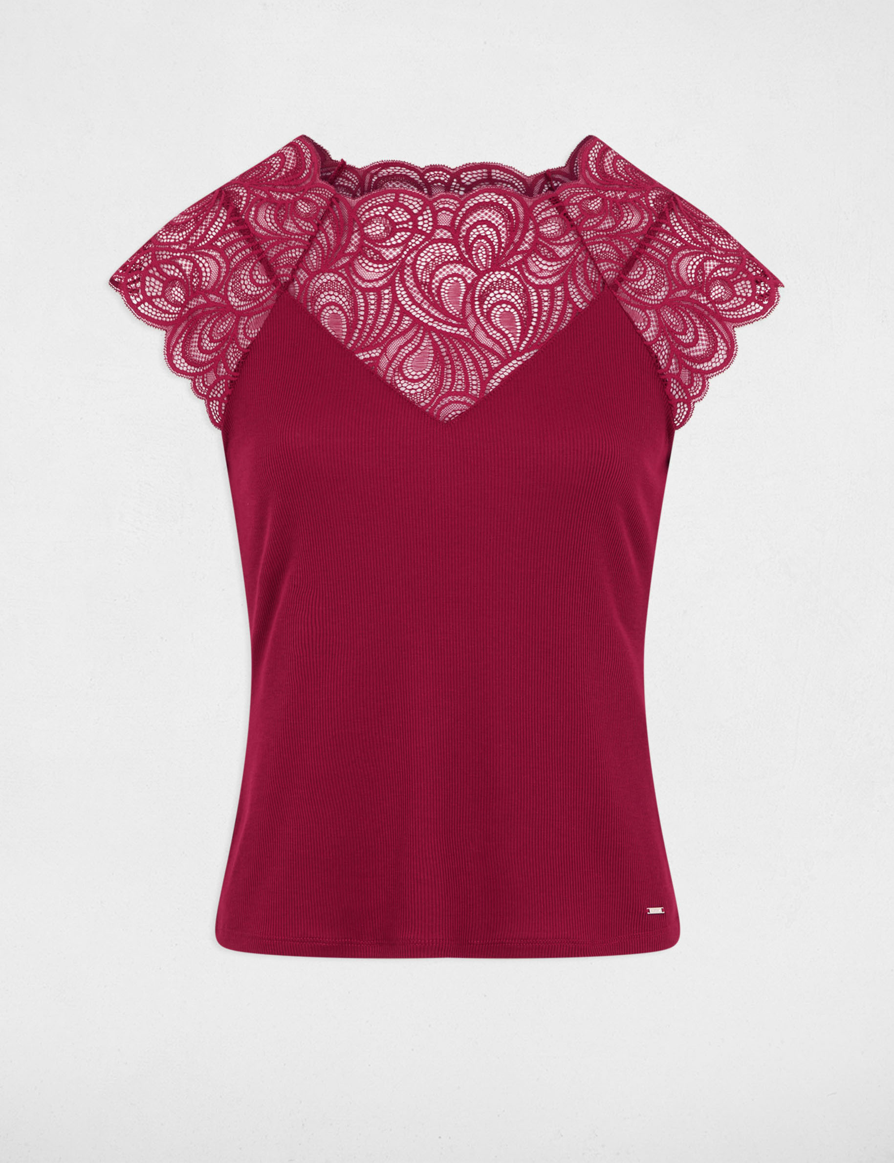 T shirt en dentelle col rond bordeaux femme