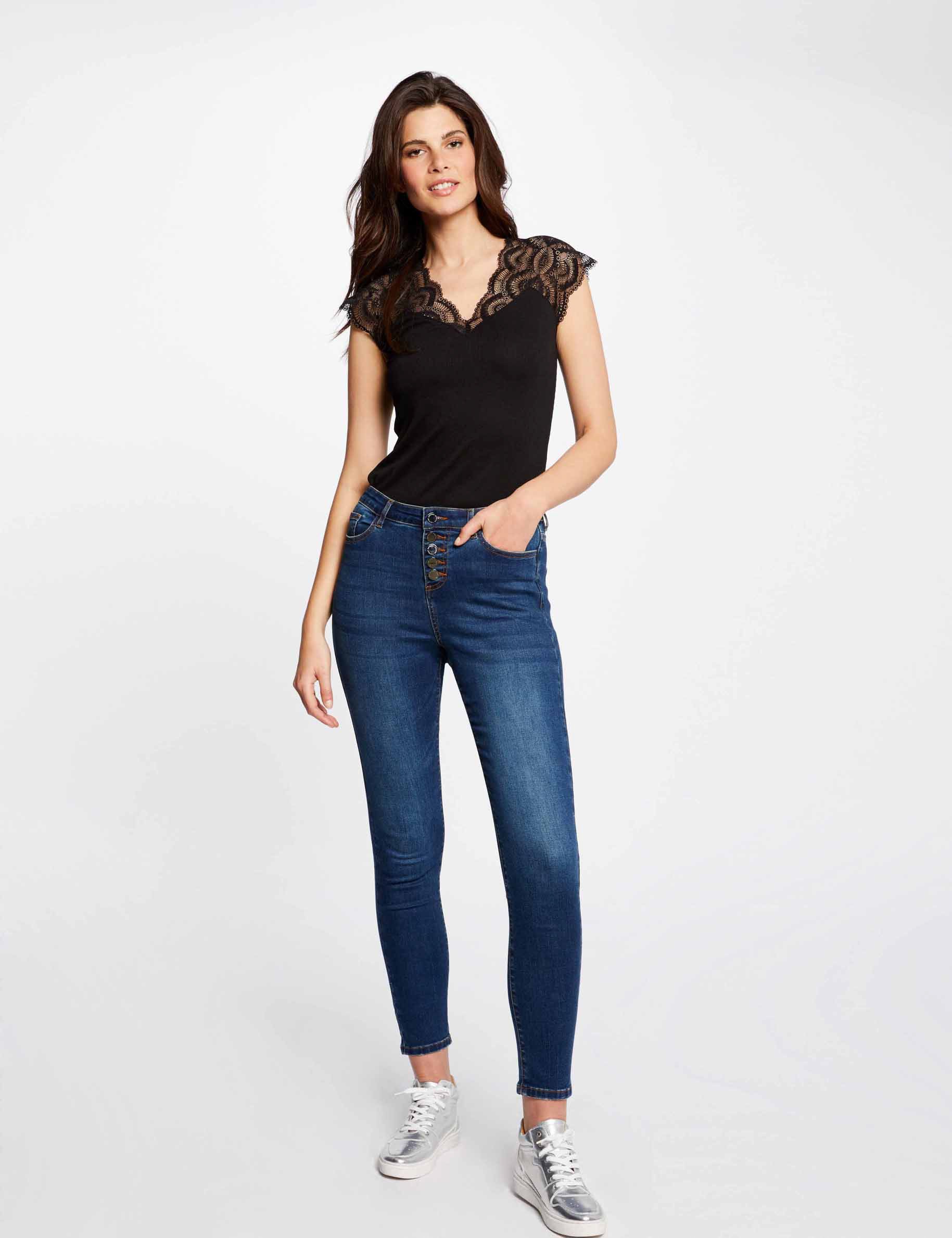 T-shirt manches courtes &agrave; dentelle noir femme