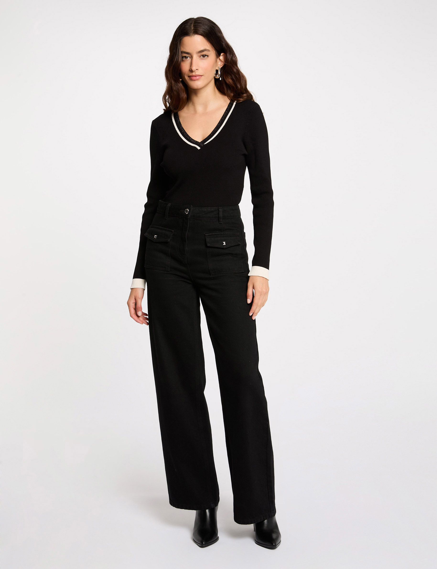 pull manches longues col en v noir femme Pull manches longues col en V noir femme