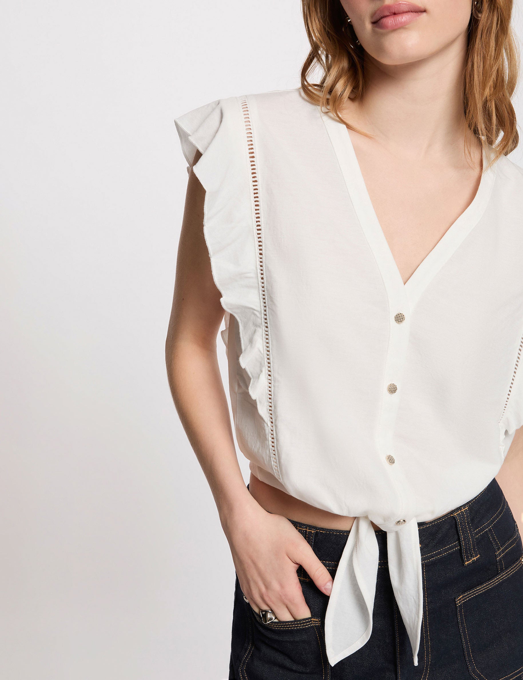 Gebundenes Hemd mit V-Ausschnitt weiss damen