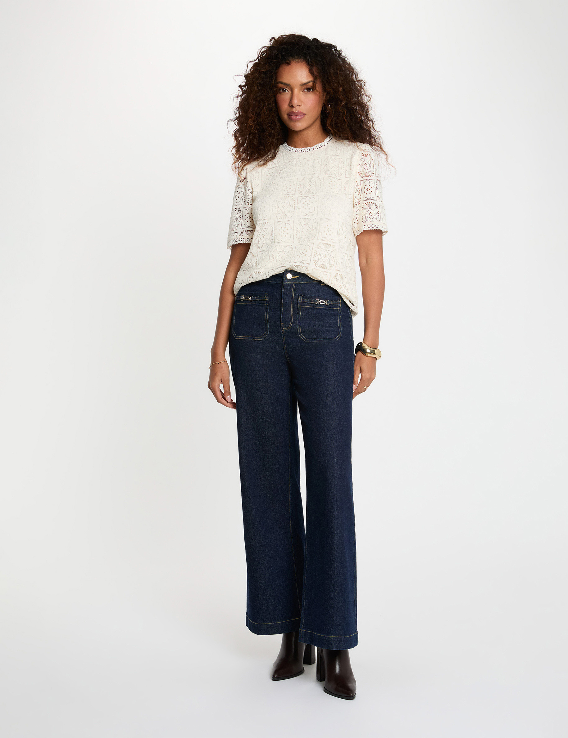 T-Shirt aus Spitze mit Stehkragen elfenbein damen