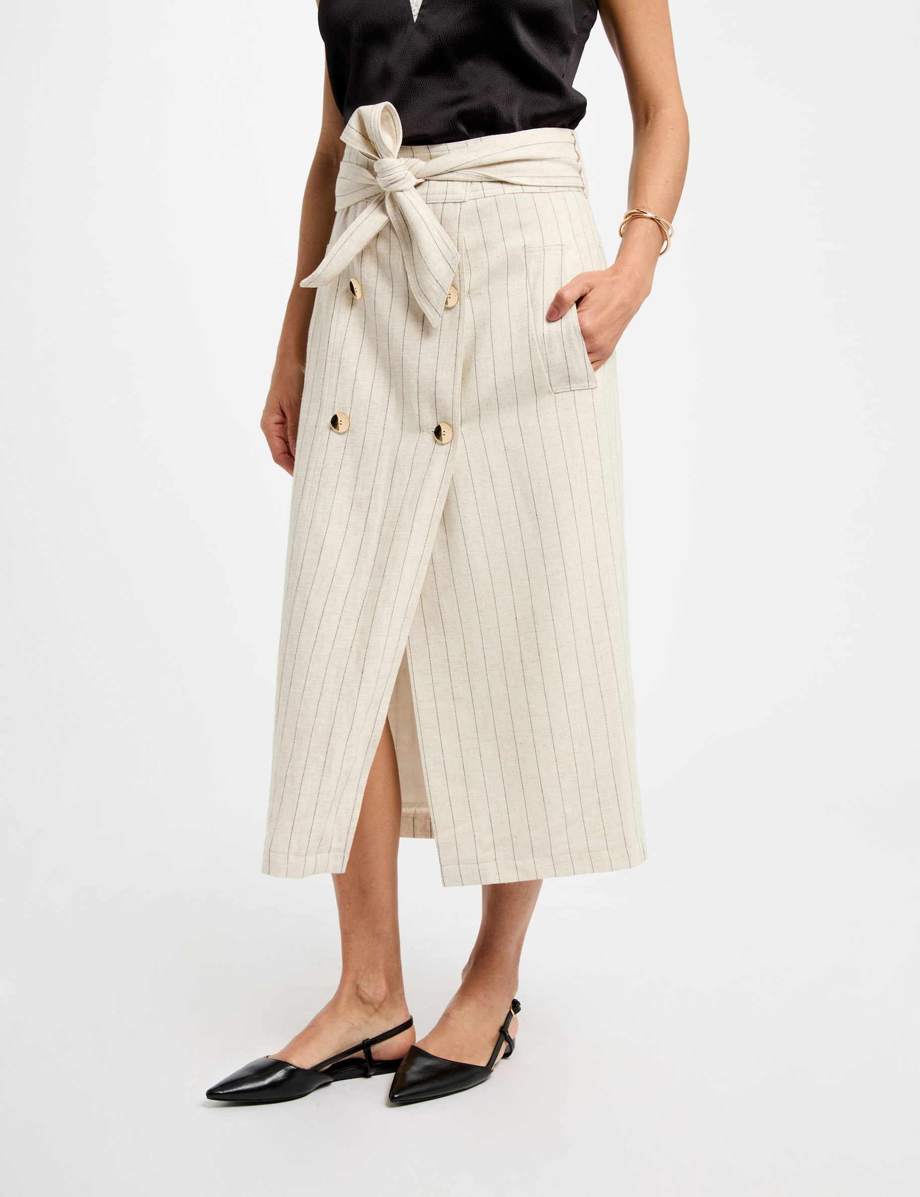 jupe midi rayee beige femme Jupe midi rayée beige femme