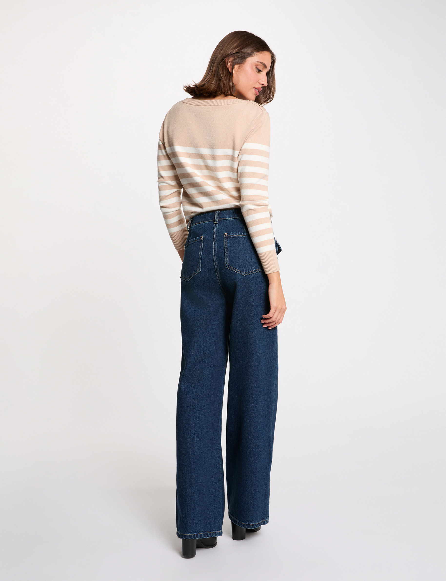 Gestreifter bestickter Pullover marron clair damen