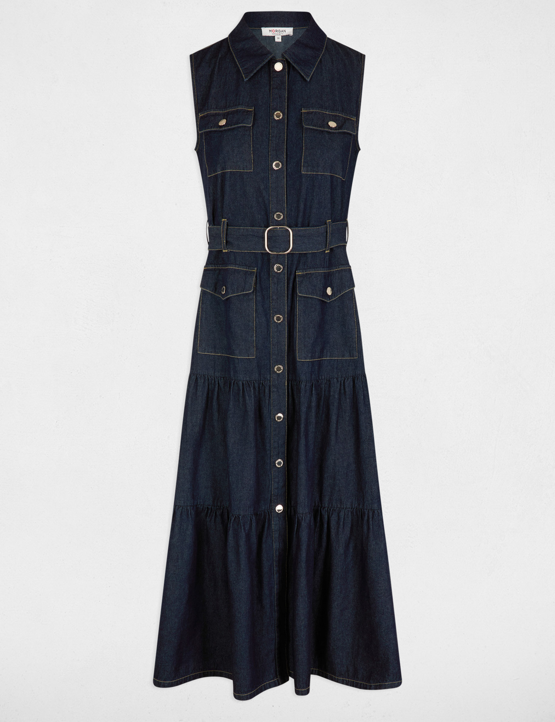 Langes gerade geschnittenes Jeanskleid rohes denim damen