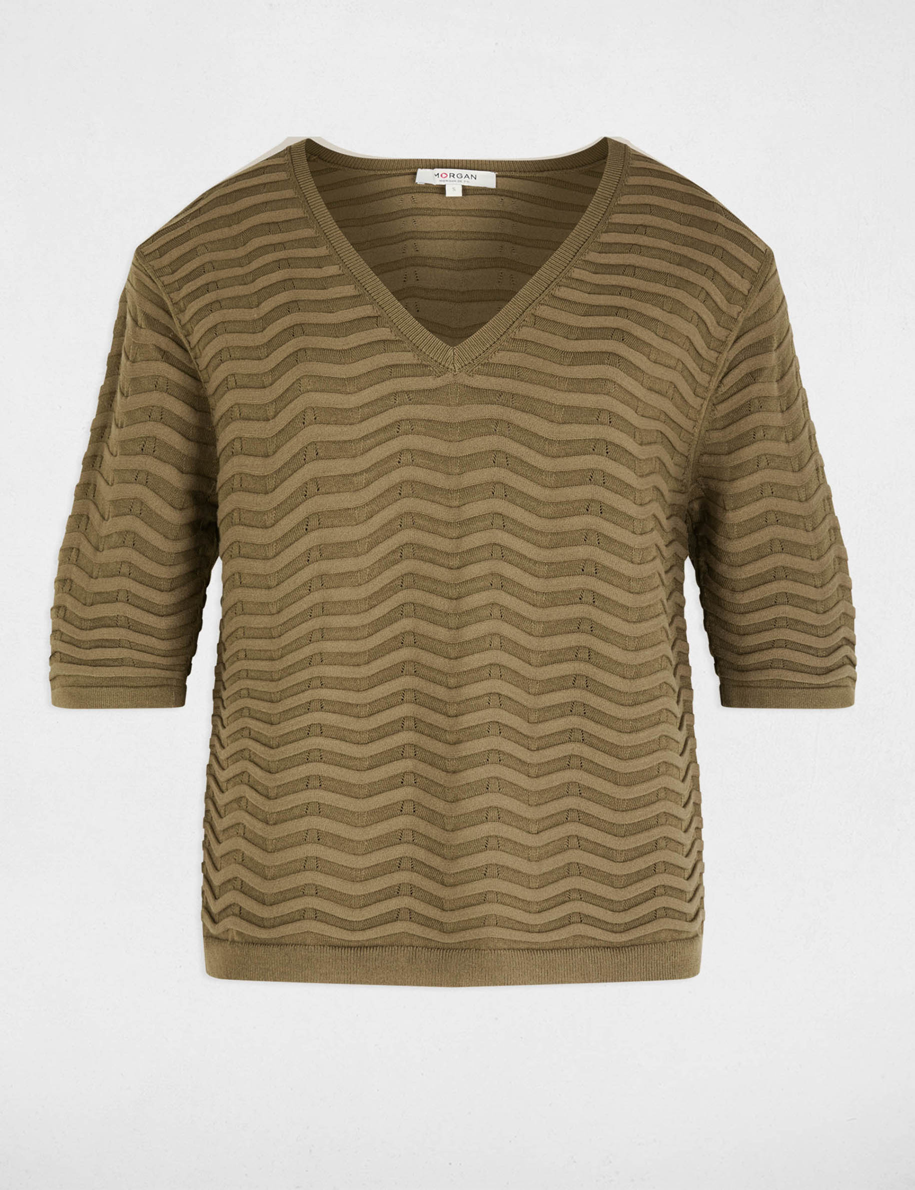 Pull col v manches 3/4 vert kaki femme