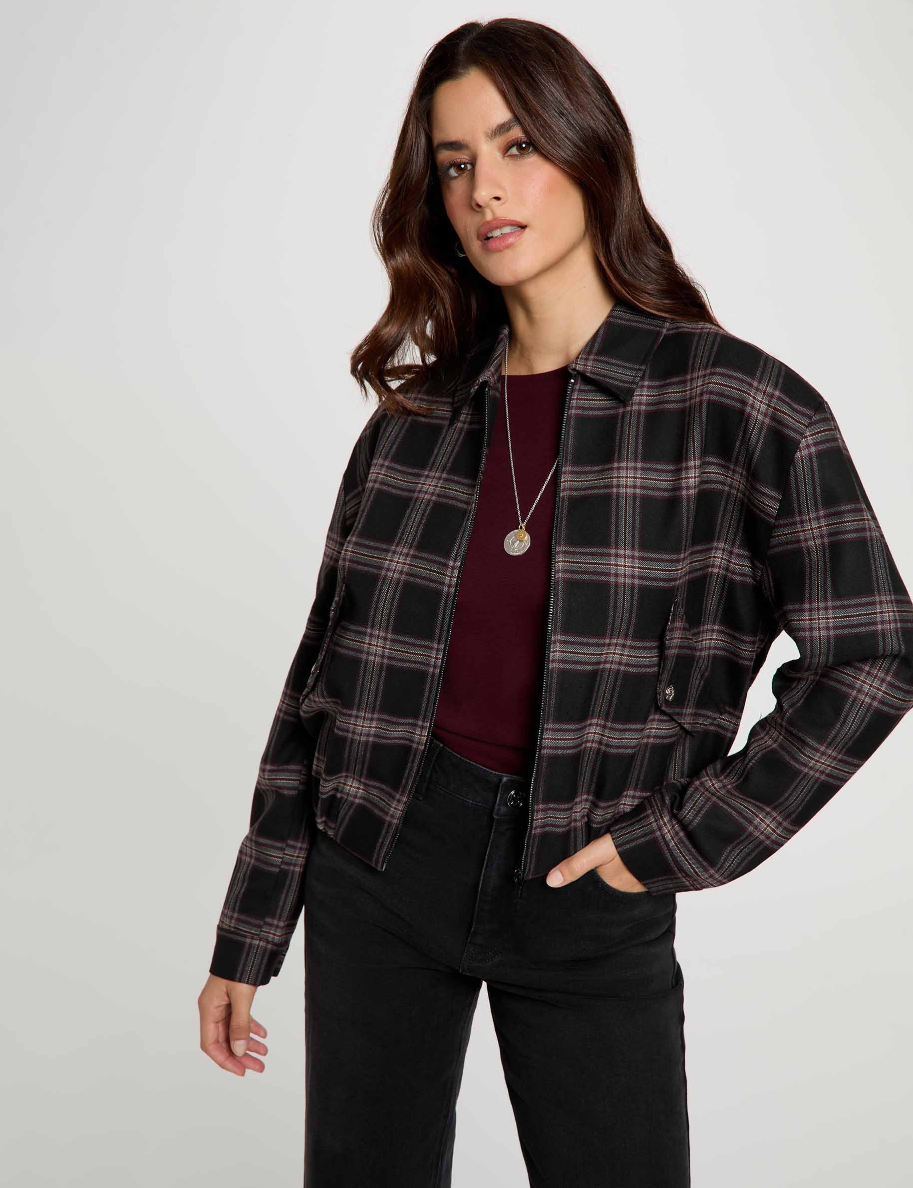 Blouson &agrave; carreaux noir femme