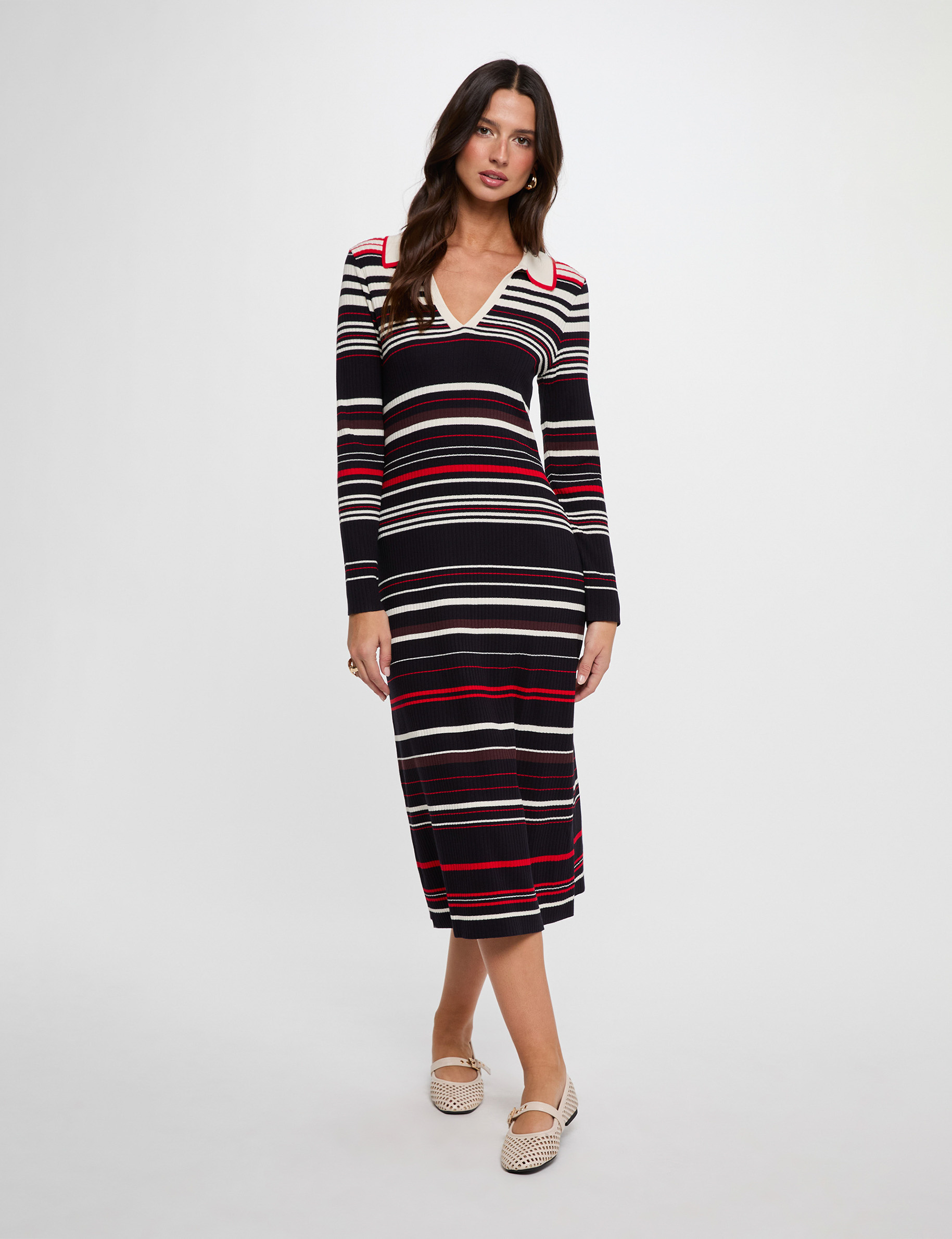 Robe tricot ray&eacute;e manches longues bleu marine femme