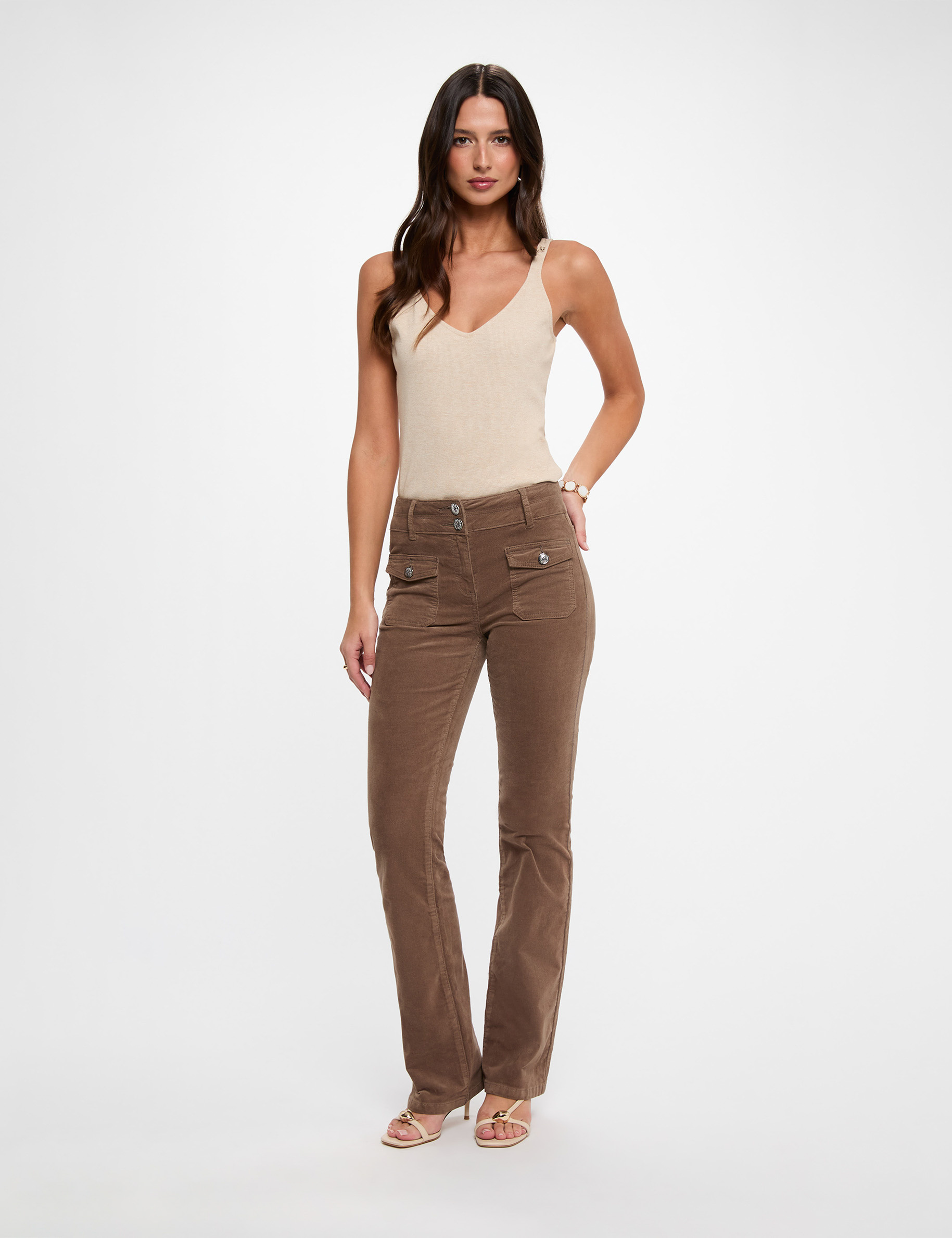 Pantalon ajust&eacute; velours vert kaki femme