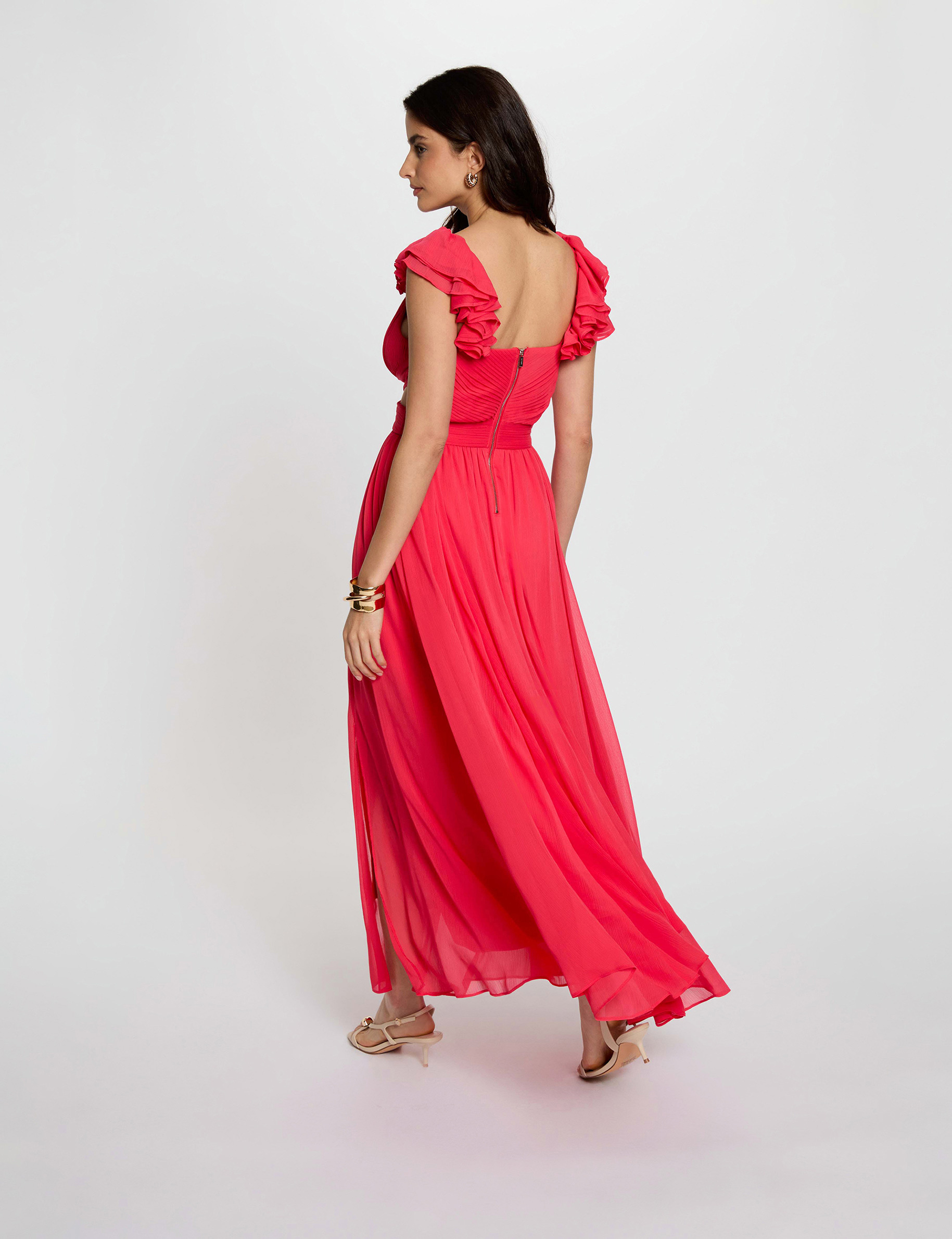 Robe longue droite fluide rouge corail femme