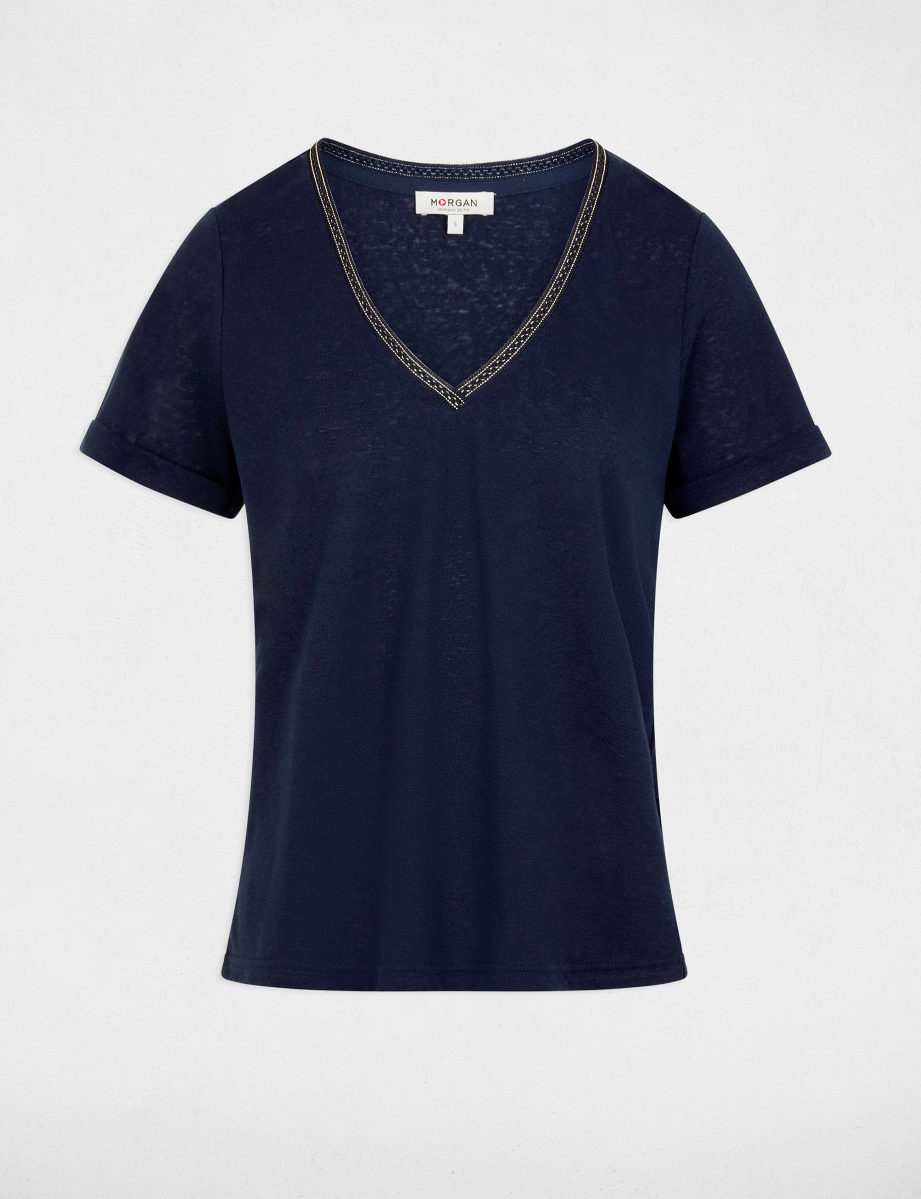 T-shirt col v perl&eacute; bleu marine femme
