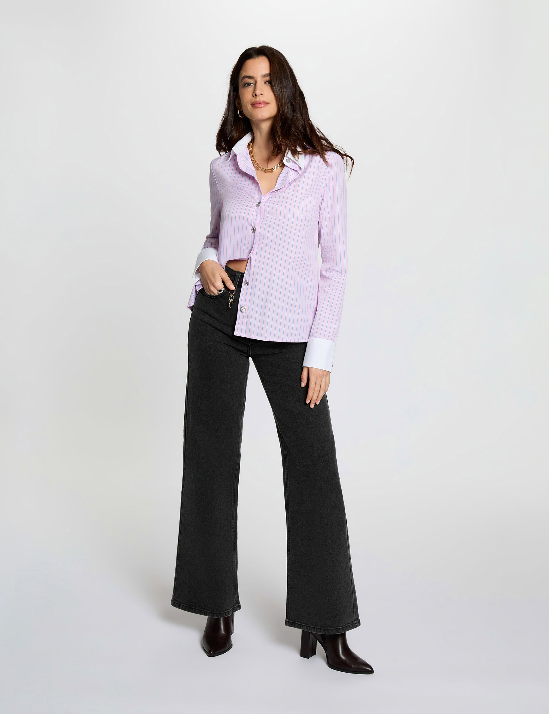 Weit geschnittene hochgeschnittene Hose schwarz denim damen