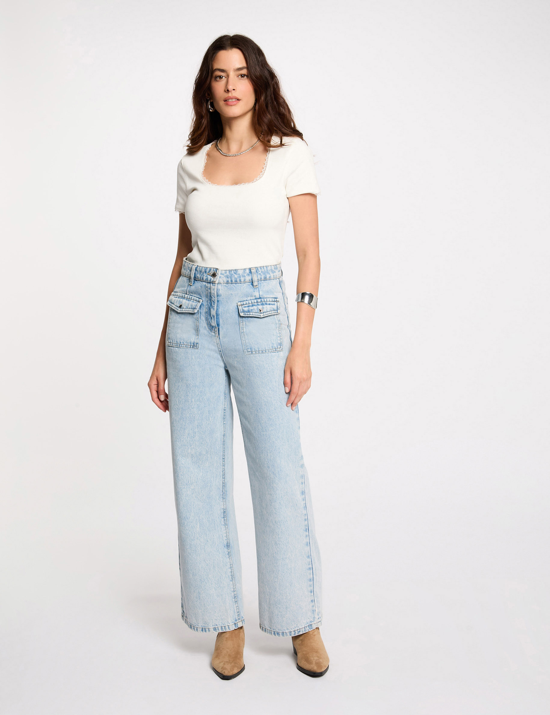 t shirt manches courtes cotele ivoire femme T-shirt manches courtes côtelé ivoire femme