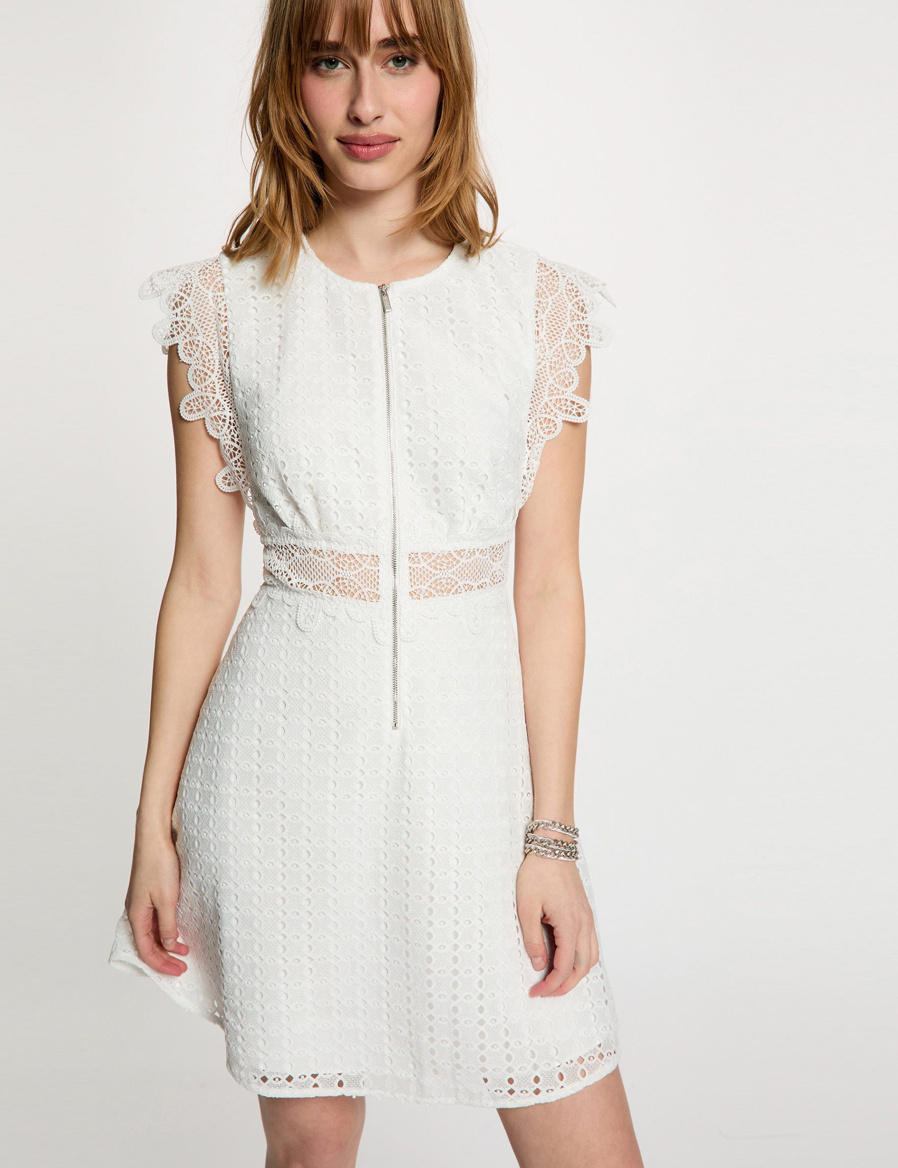 Kurzes ausgestelltes Kleid mit Spitze weiss damen