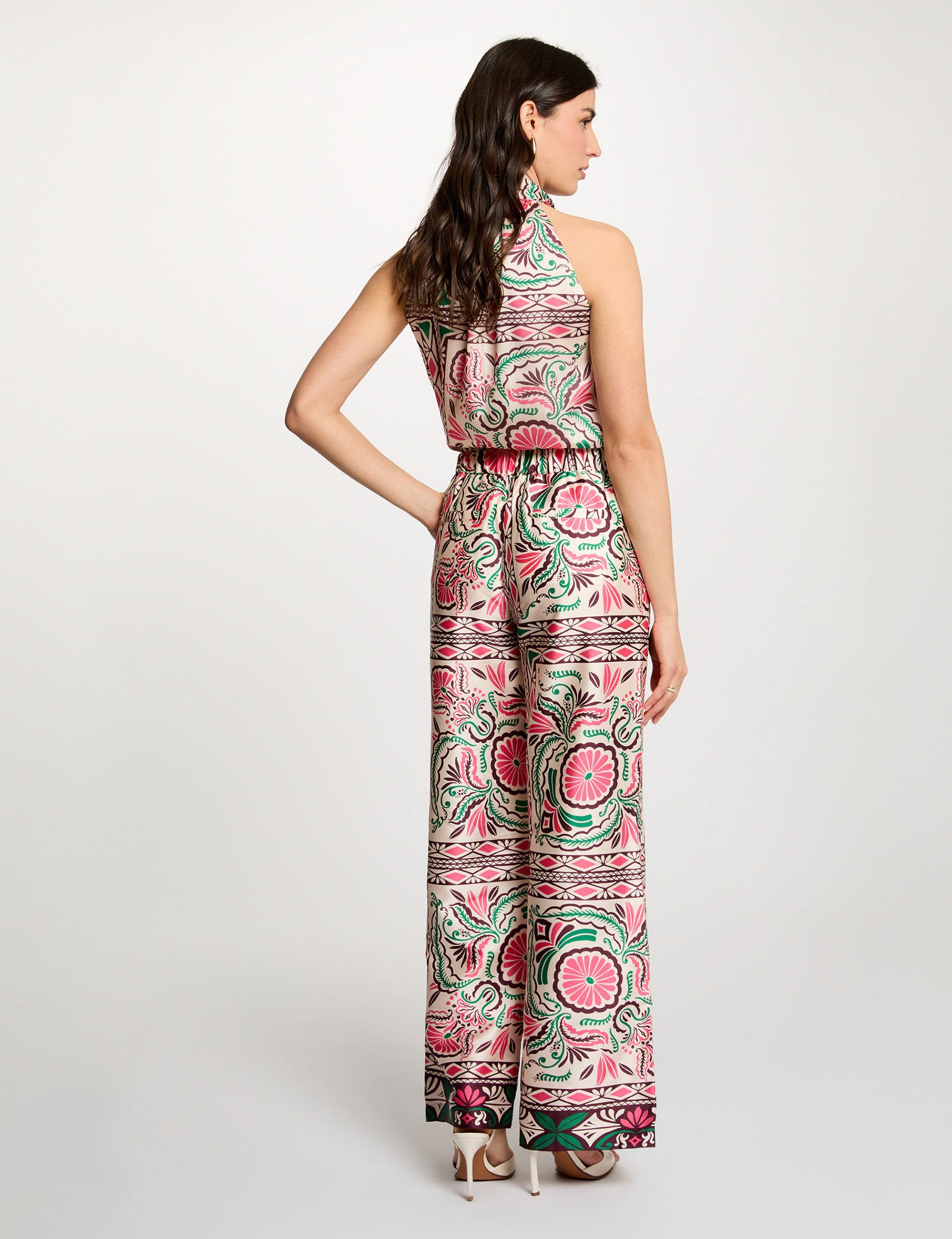 Pantalon large satin&eacute; multicolore femme