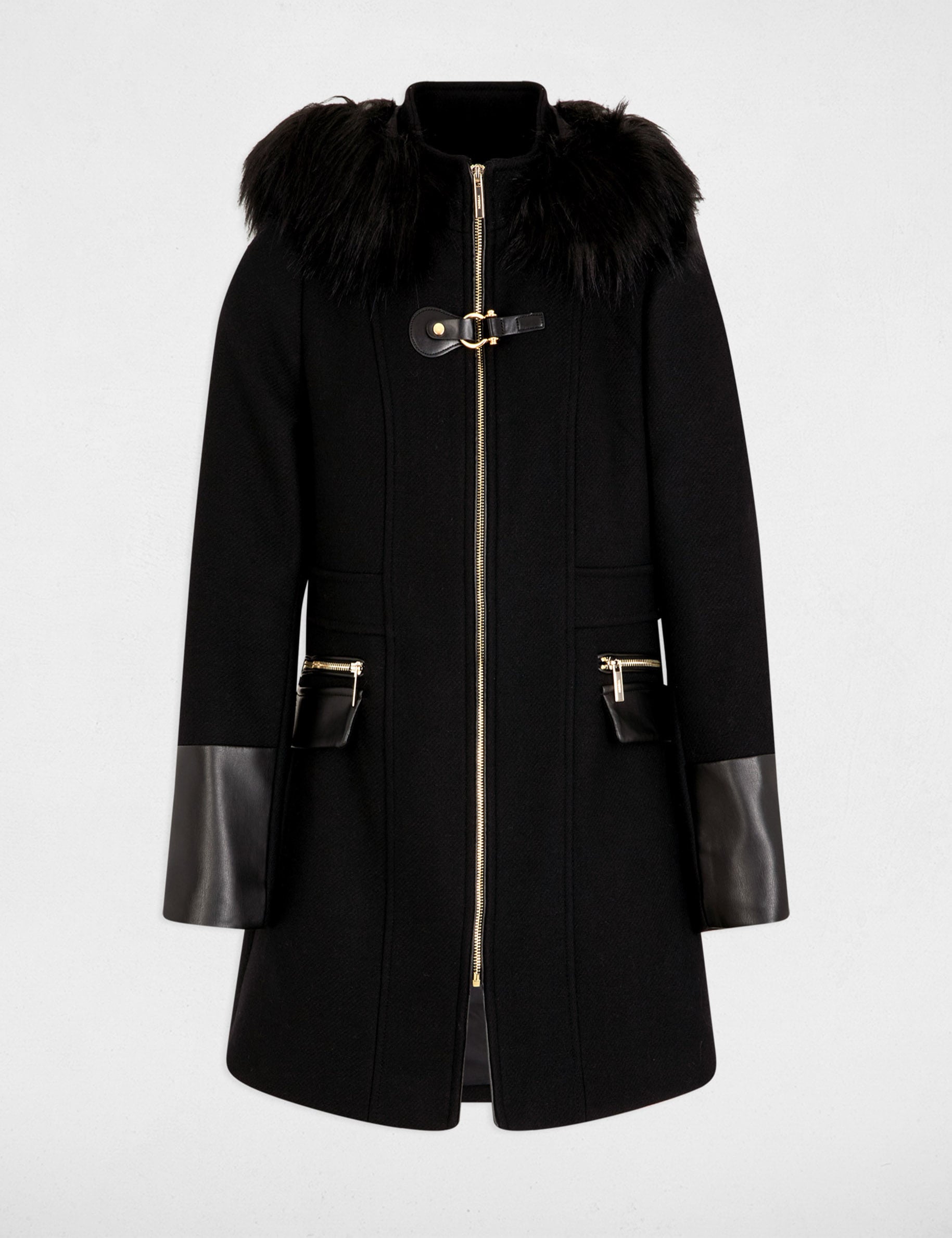Manteau bouclette col montant noir femme