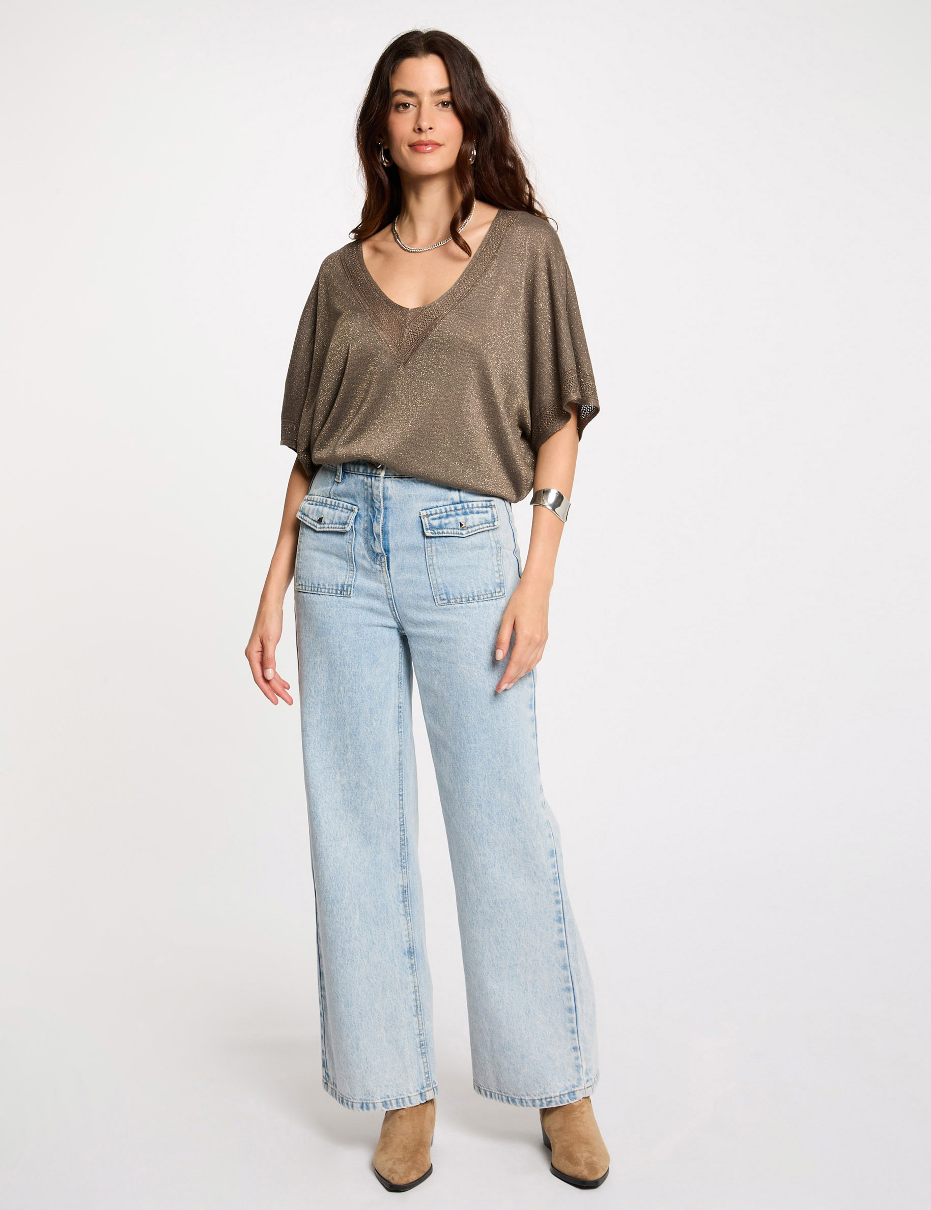 pull col en v manches courtes vert kaki femme Pull col en V manches courtes vert kaki femme