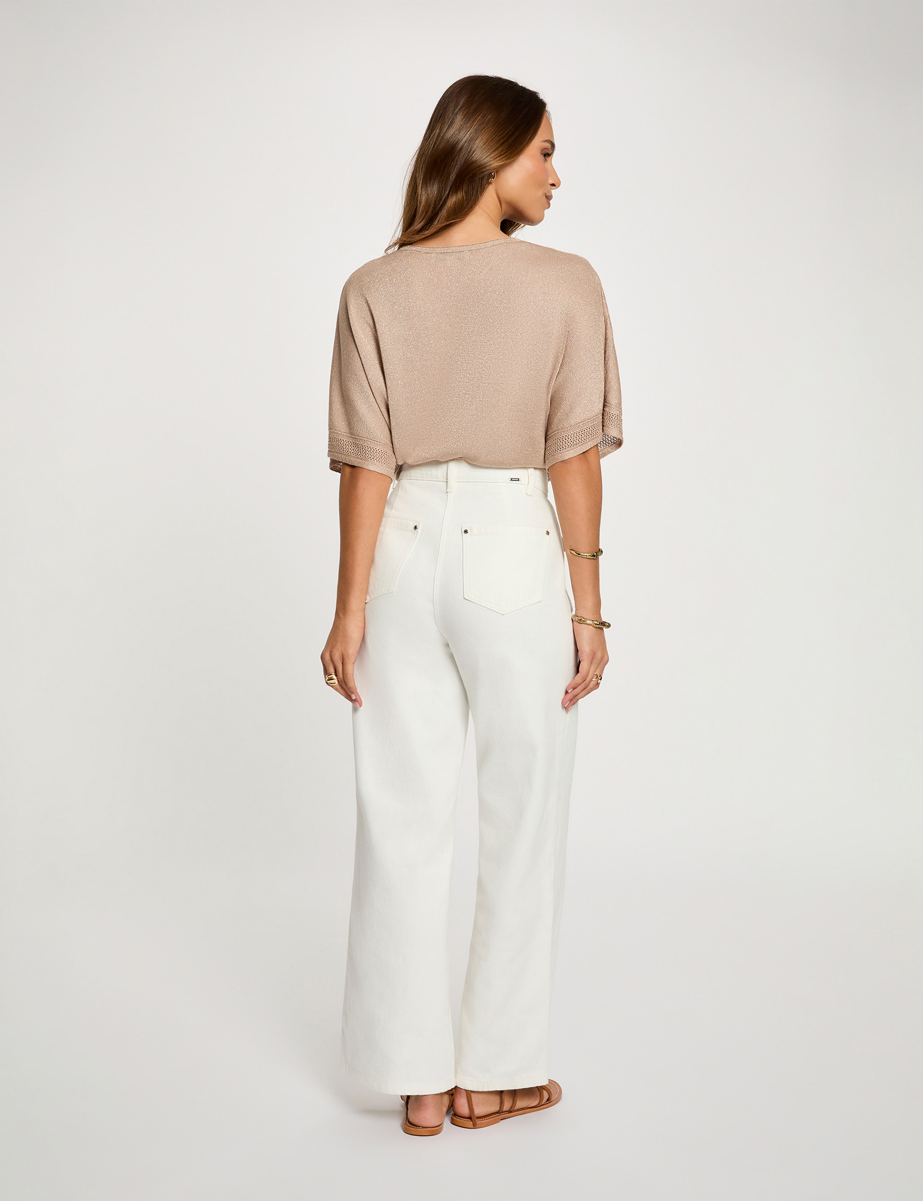 Pull col en V manches courtes taupe femme