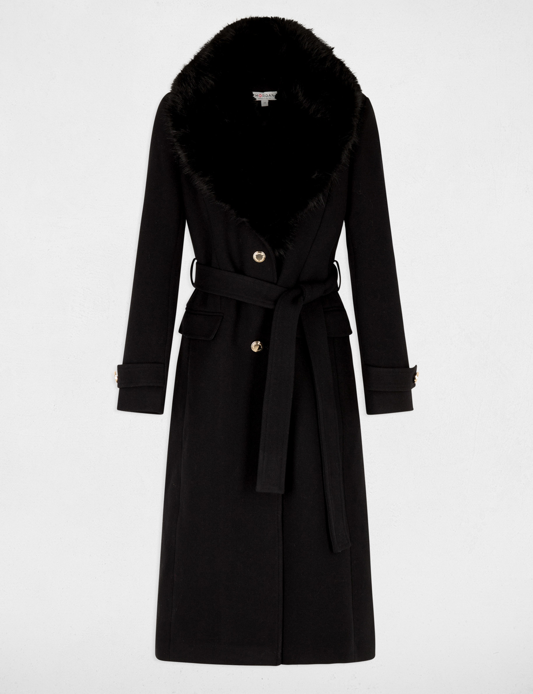 Manteau long ceintur&eacute; noir femme