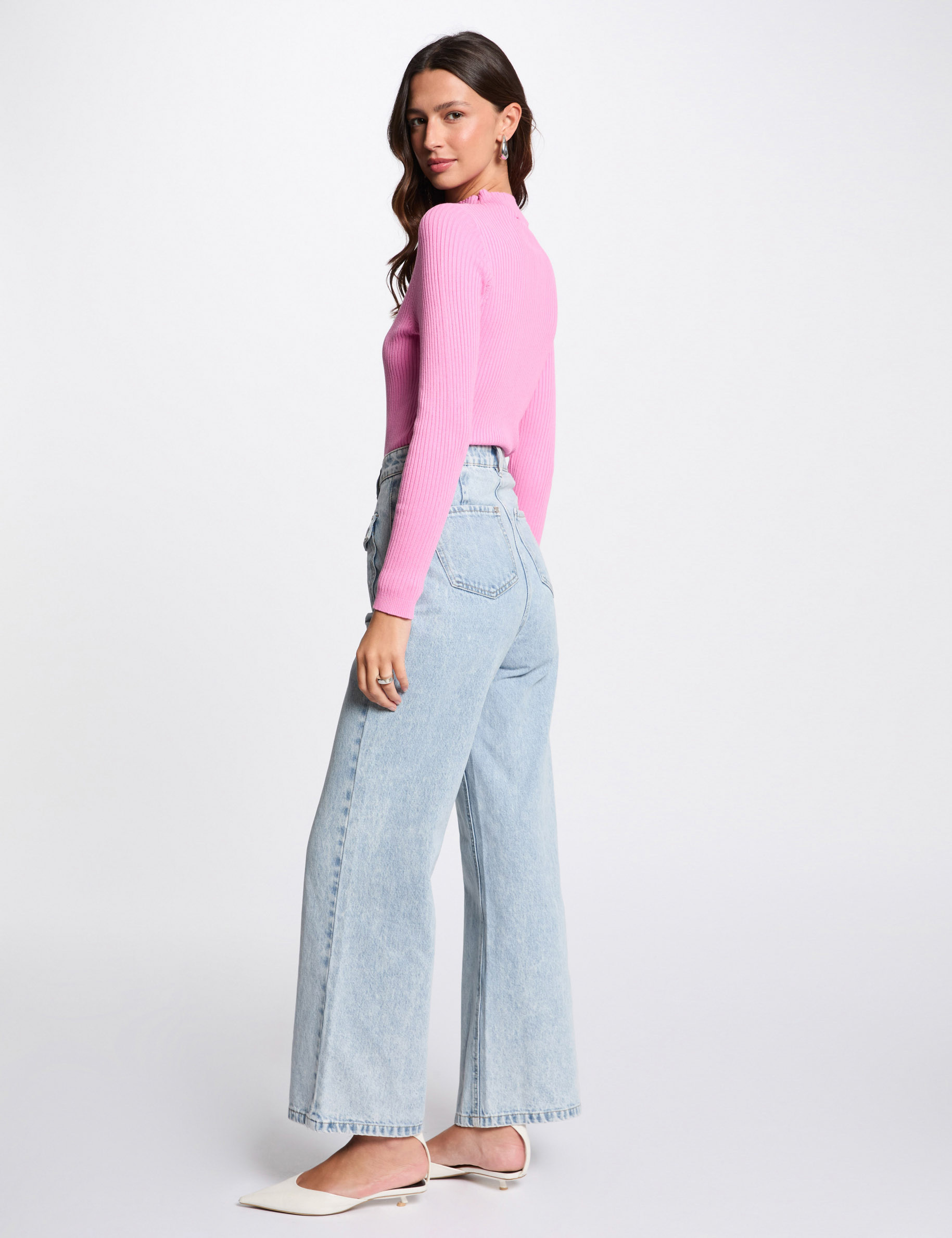 pull col montant cotele rose femme Pull col montant côtelé rose femme