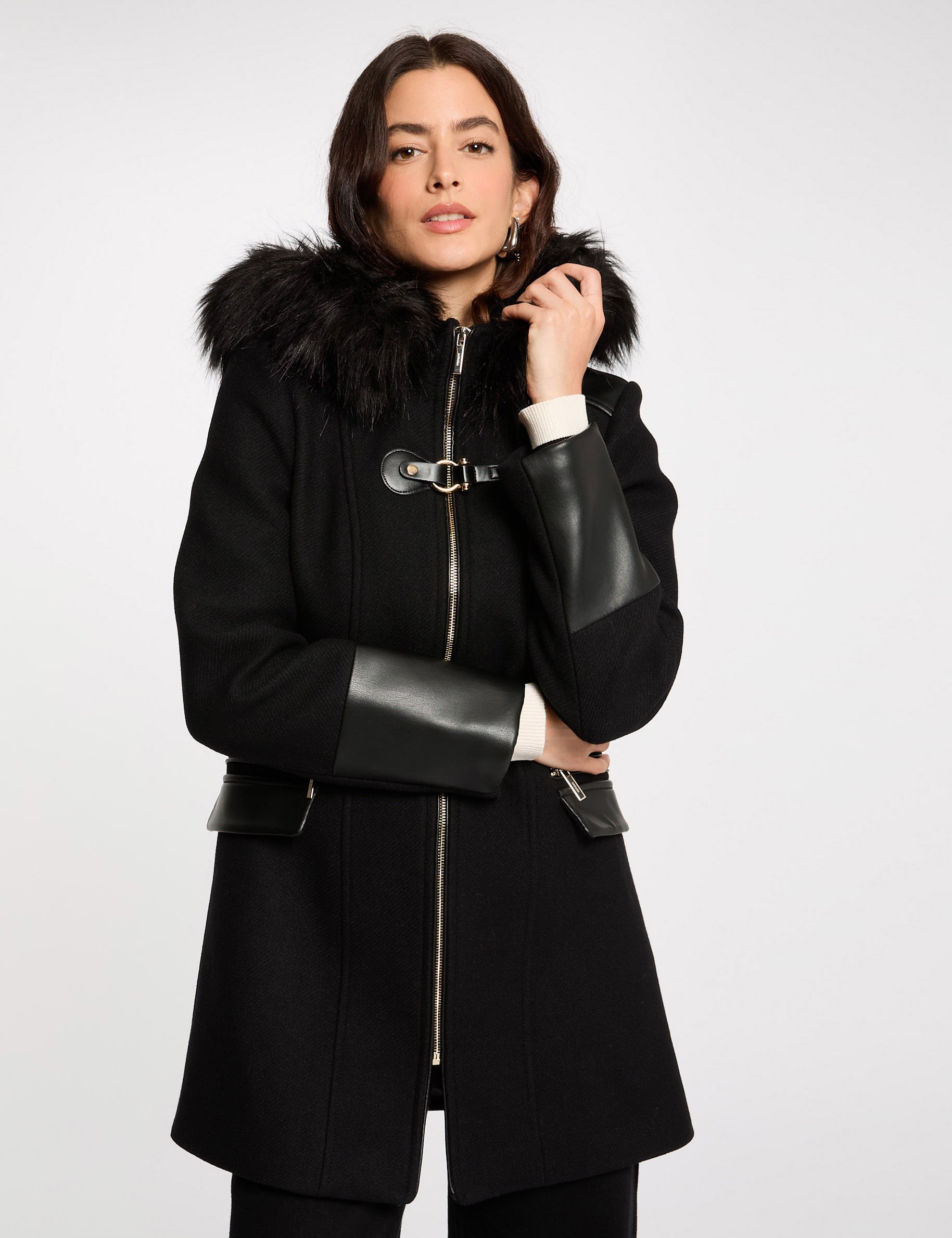 Manteau bouclette col montant noir femme