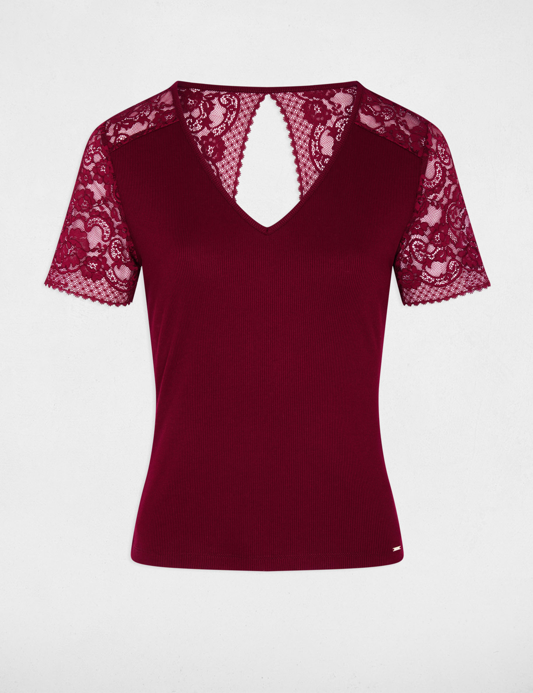T-shirt dentelle col v bordeaux femme