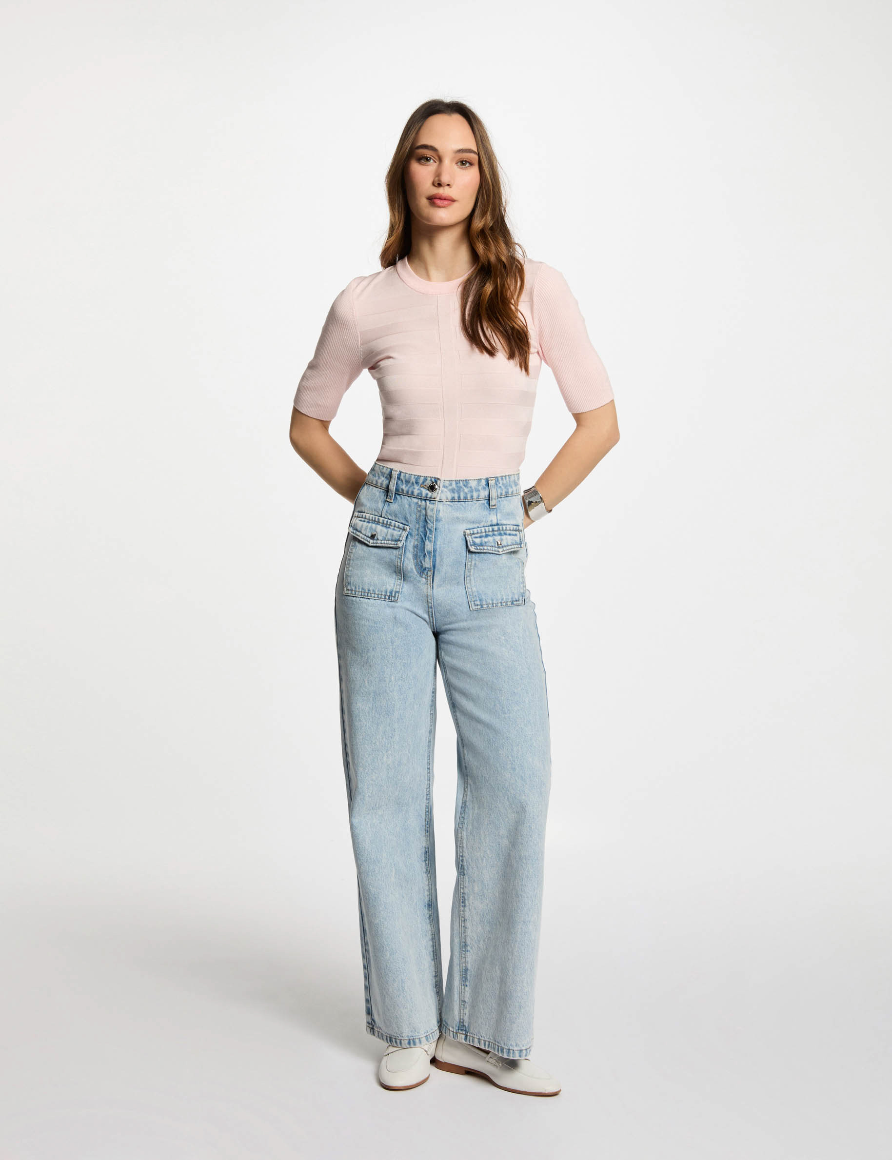 pull col rond manches courtes rose clair femme Pull col rond manches courtes rose clair femme
