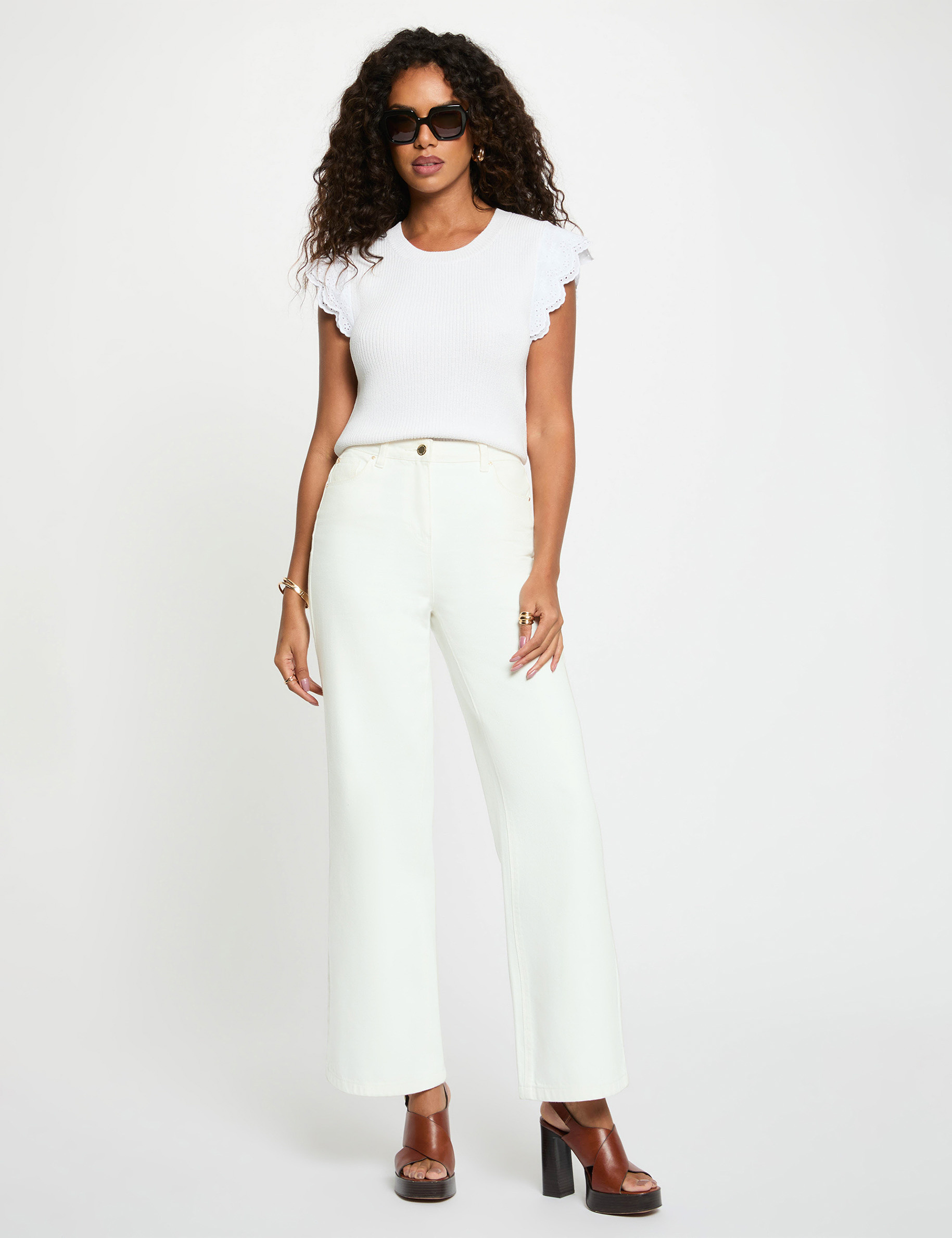Top mit Rundhalsausschnitt und Volants weiss damen