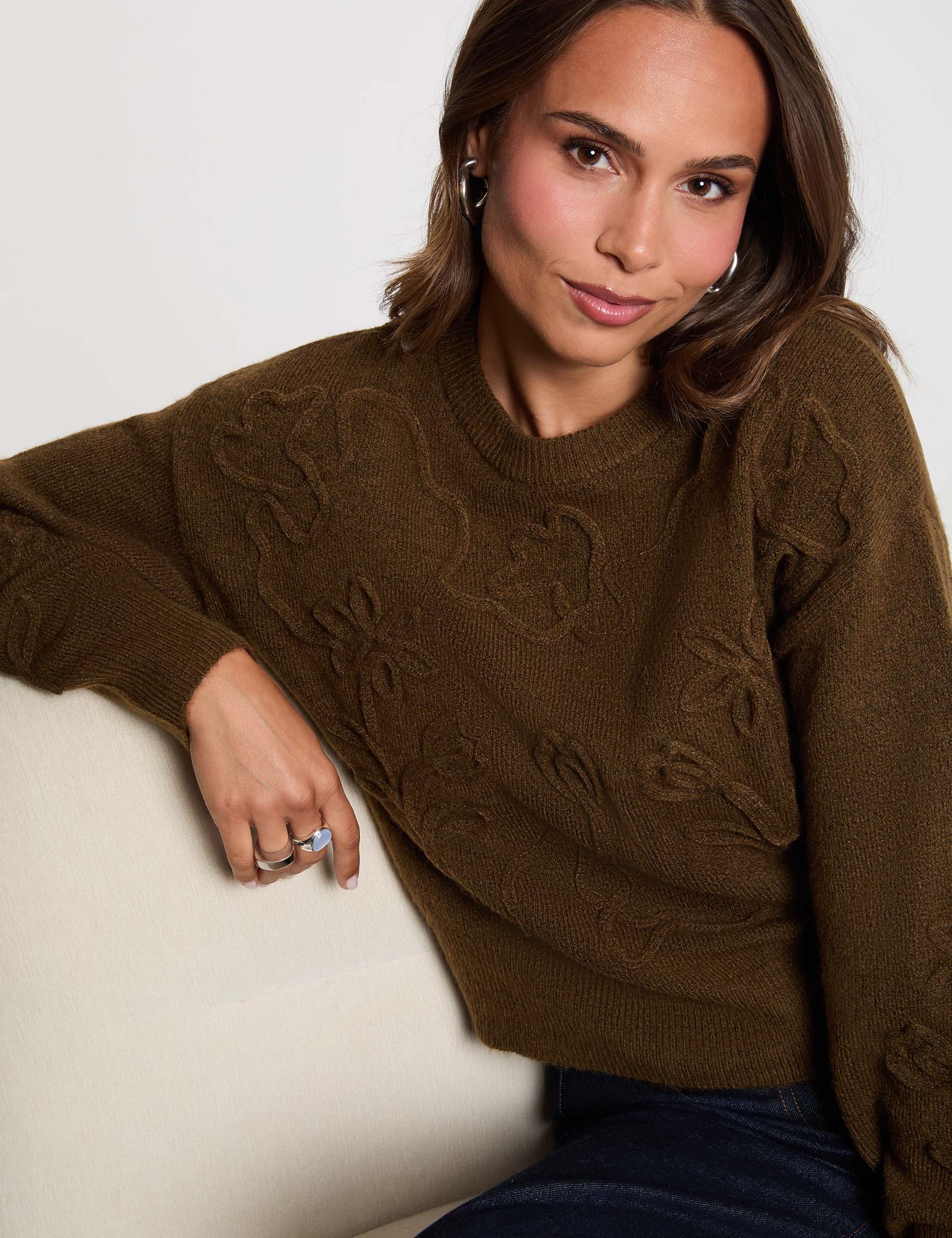 Pullover mit Rundhals und Muster khakigr&uuml;n damen