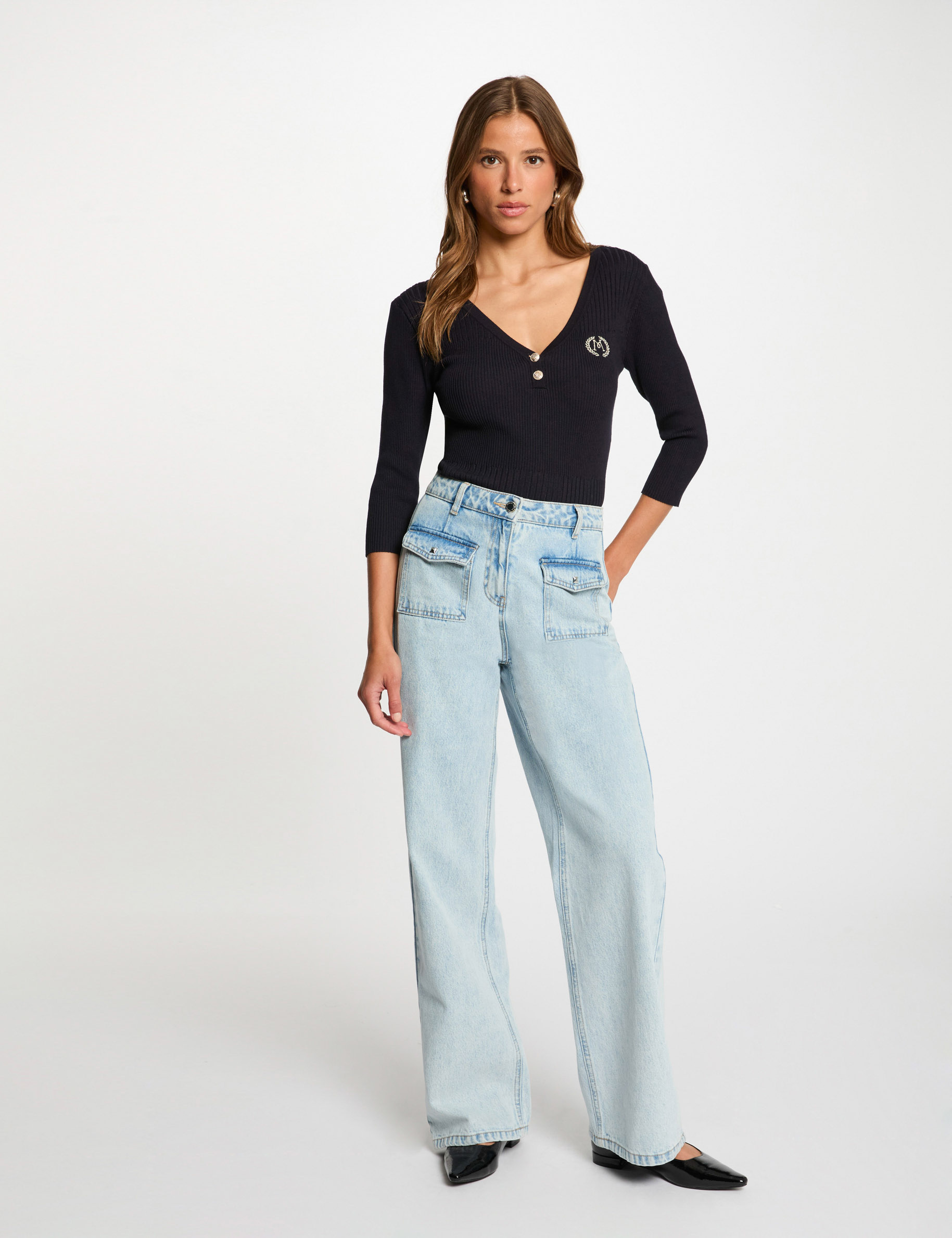 gerippter pullover mit v ausschnitt marineblau damen Gerippter Pullover mit V-Ausschnitt marineblau damen