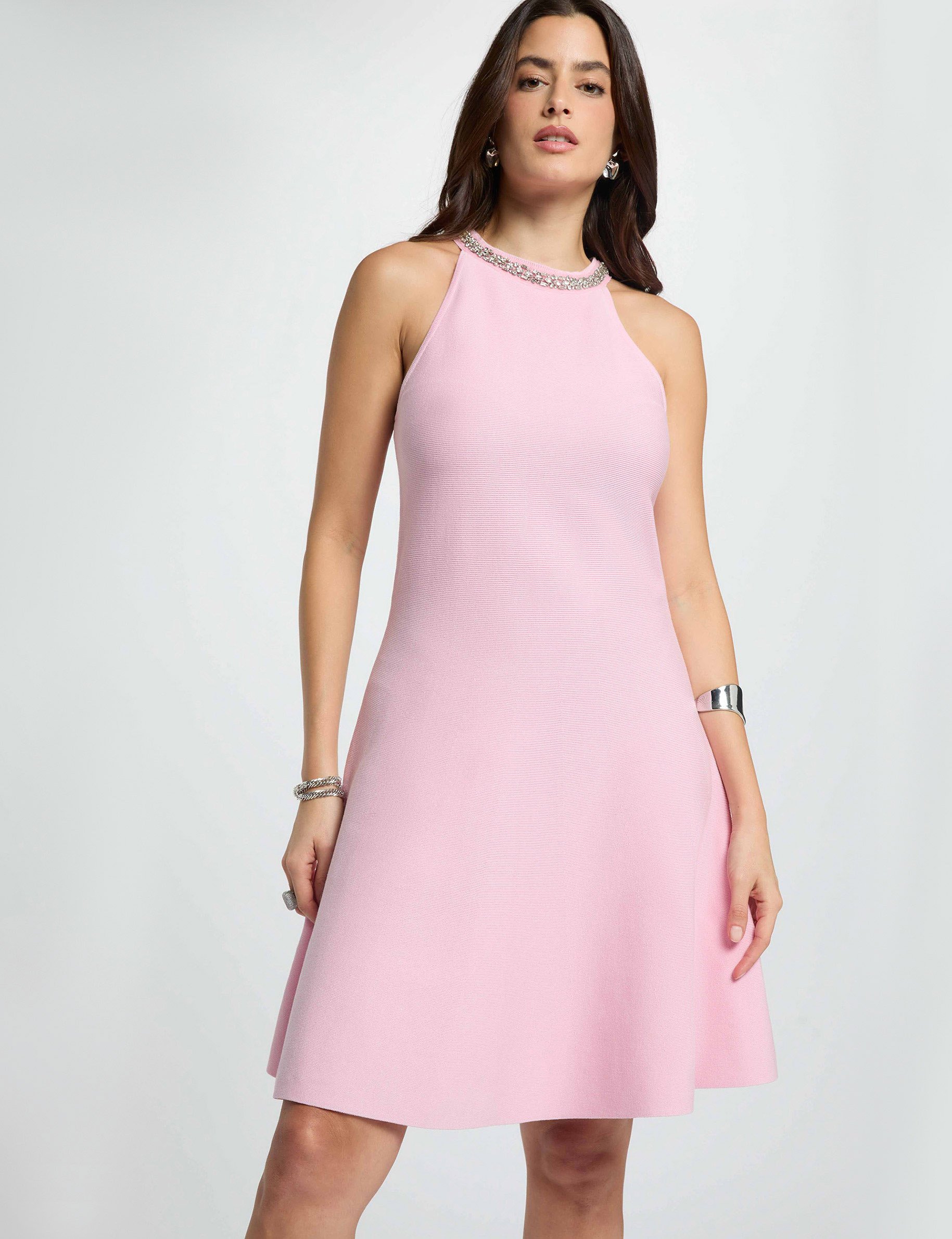 Robe tricot trap&egrave;ze rose clair femme
