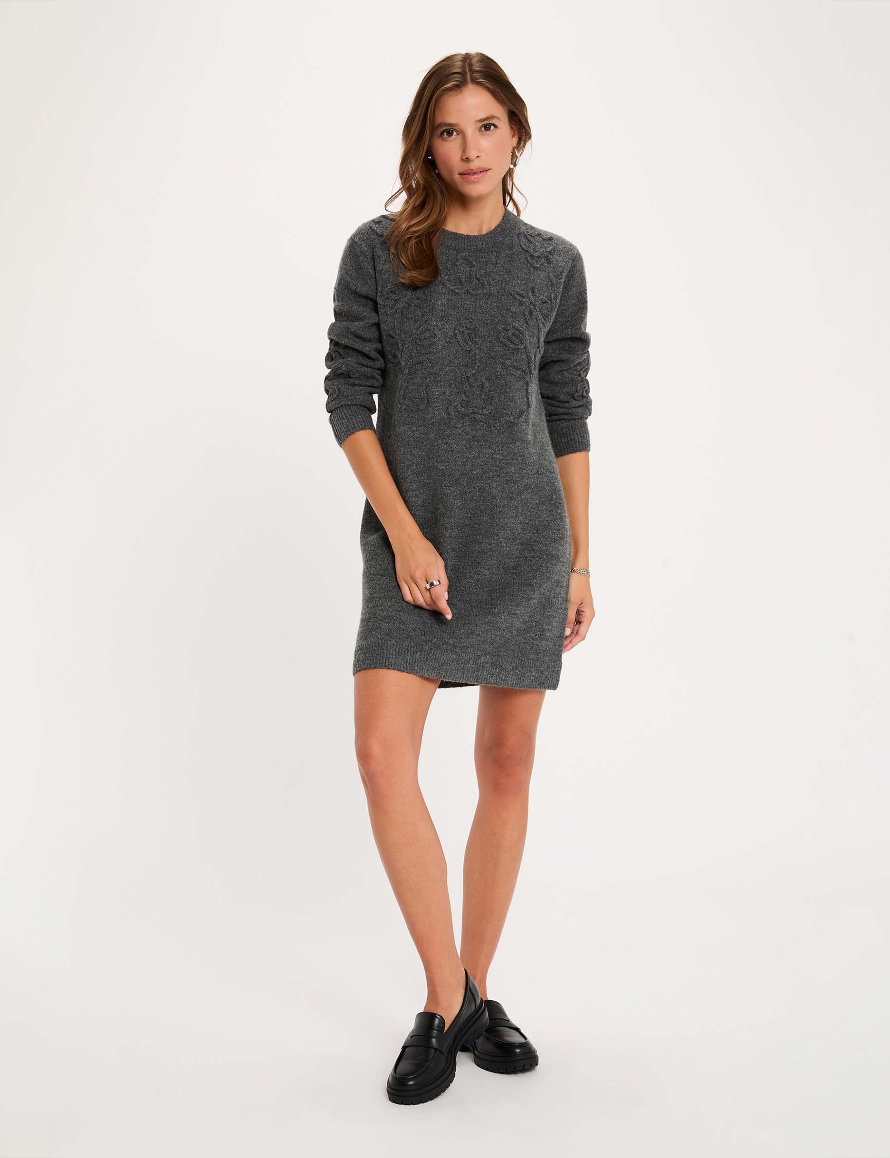 Robe tricot manches longues gris fonc&eacute; femme