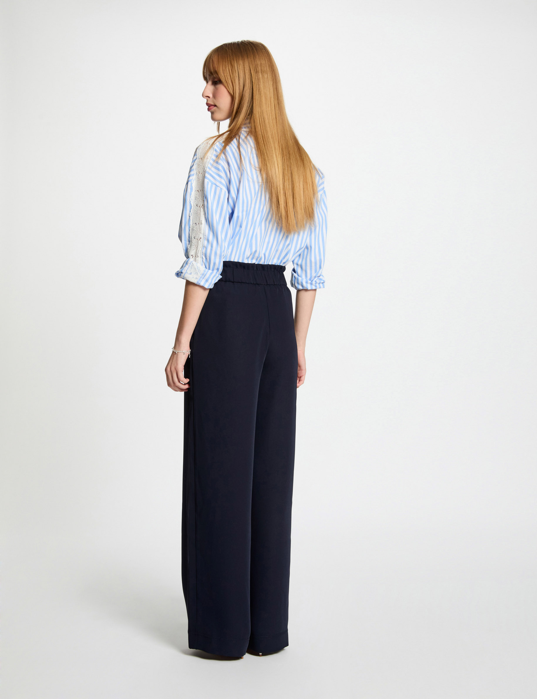 Pantalon large taille haute bleu marine femme