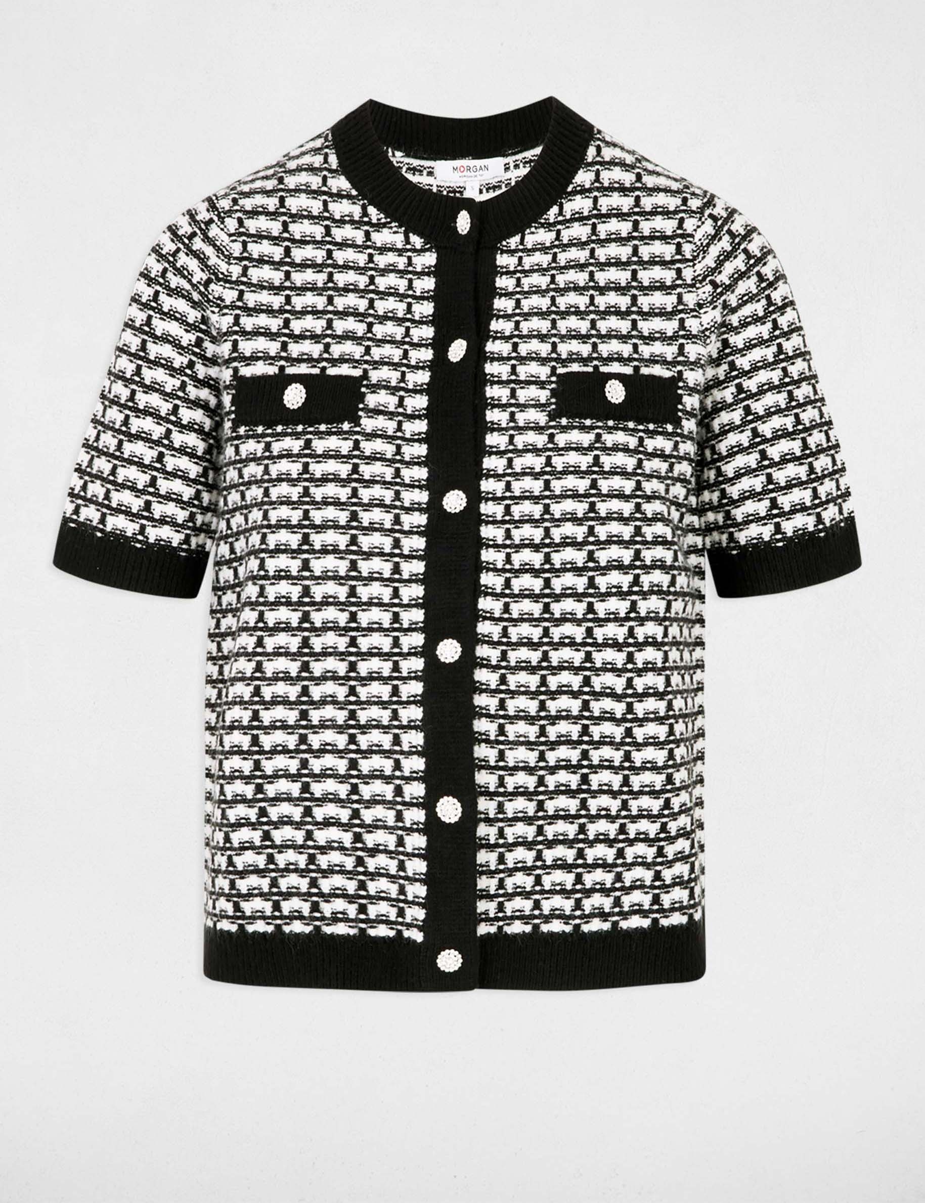 Kurz&auml;rmelige, bedruckte Strickjacke schwarz damen