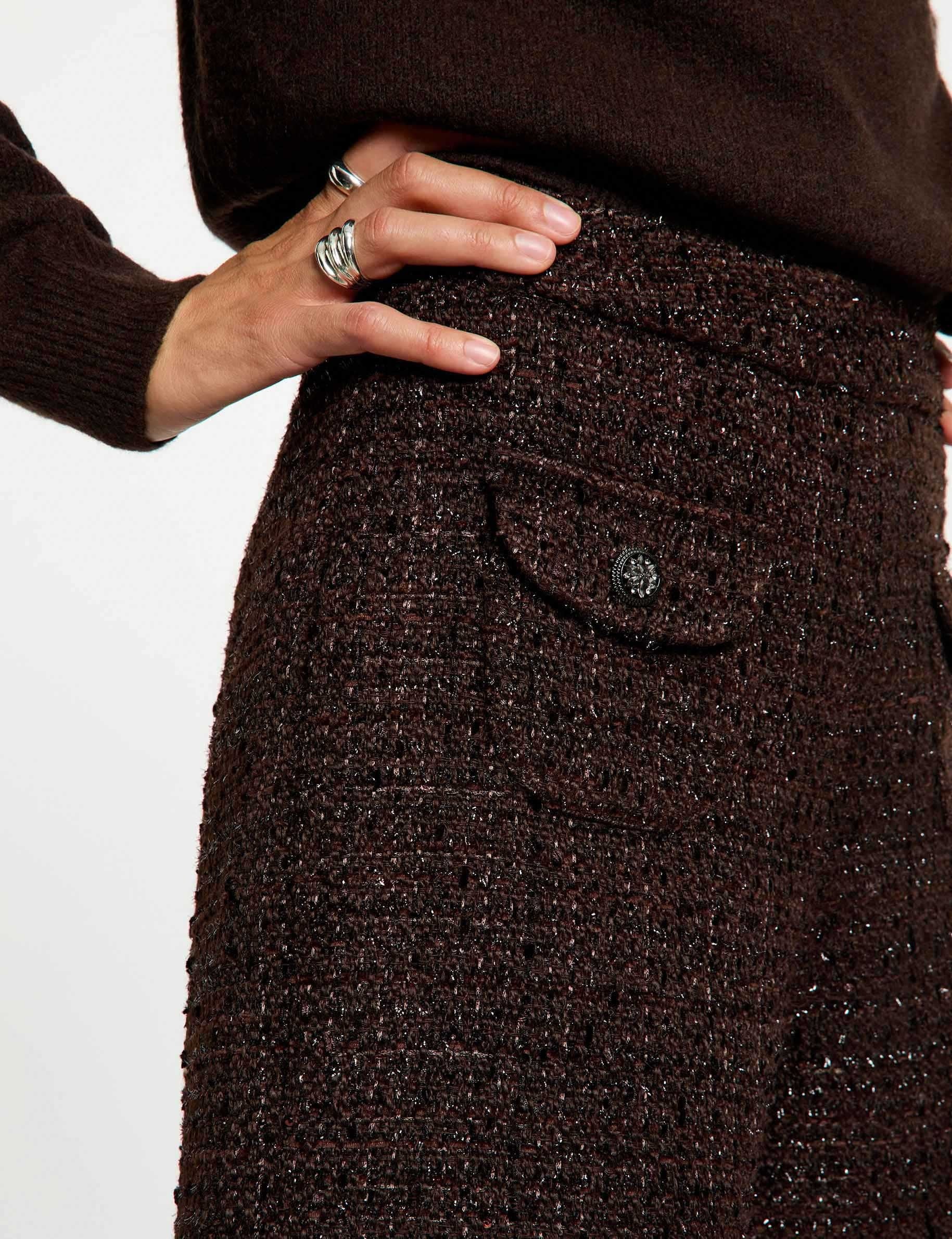 Short tweed taille haute marron fonc&eacute; femme