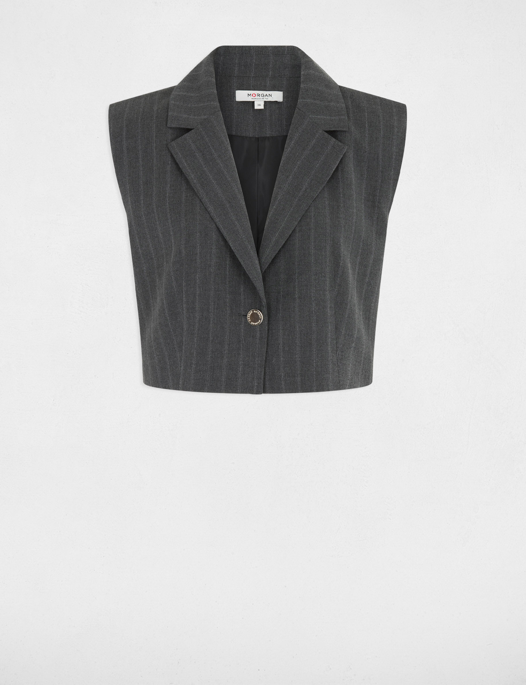 Gilet ray&eacute; sans manches denim gris fonce femme