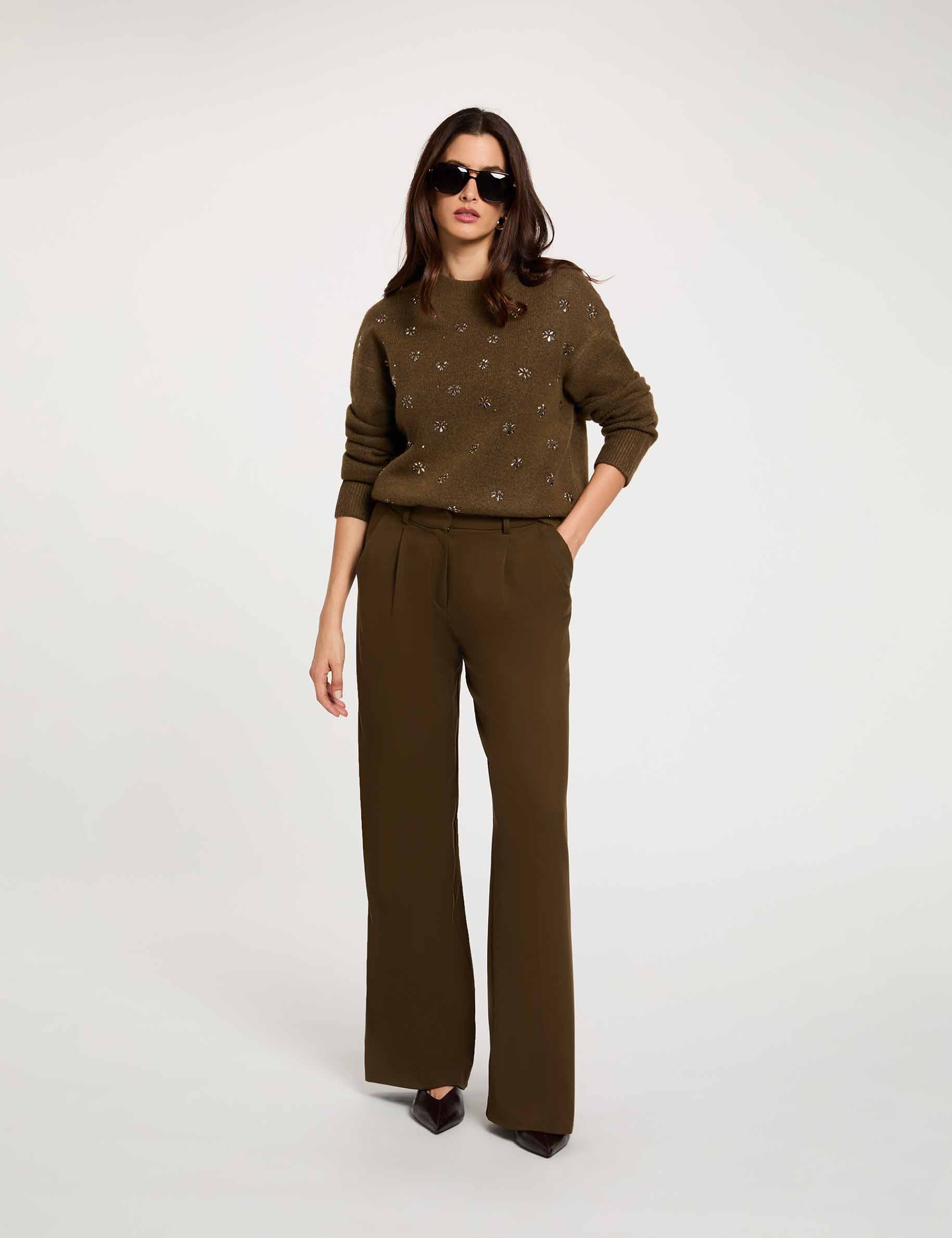 Pantalon large taille haute vert kaki femme