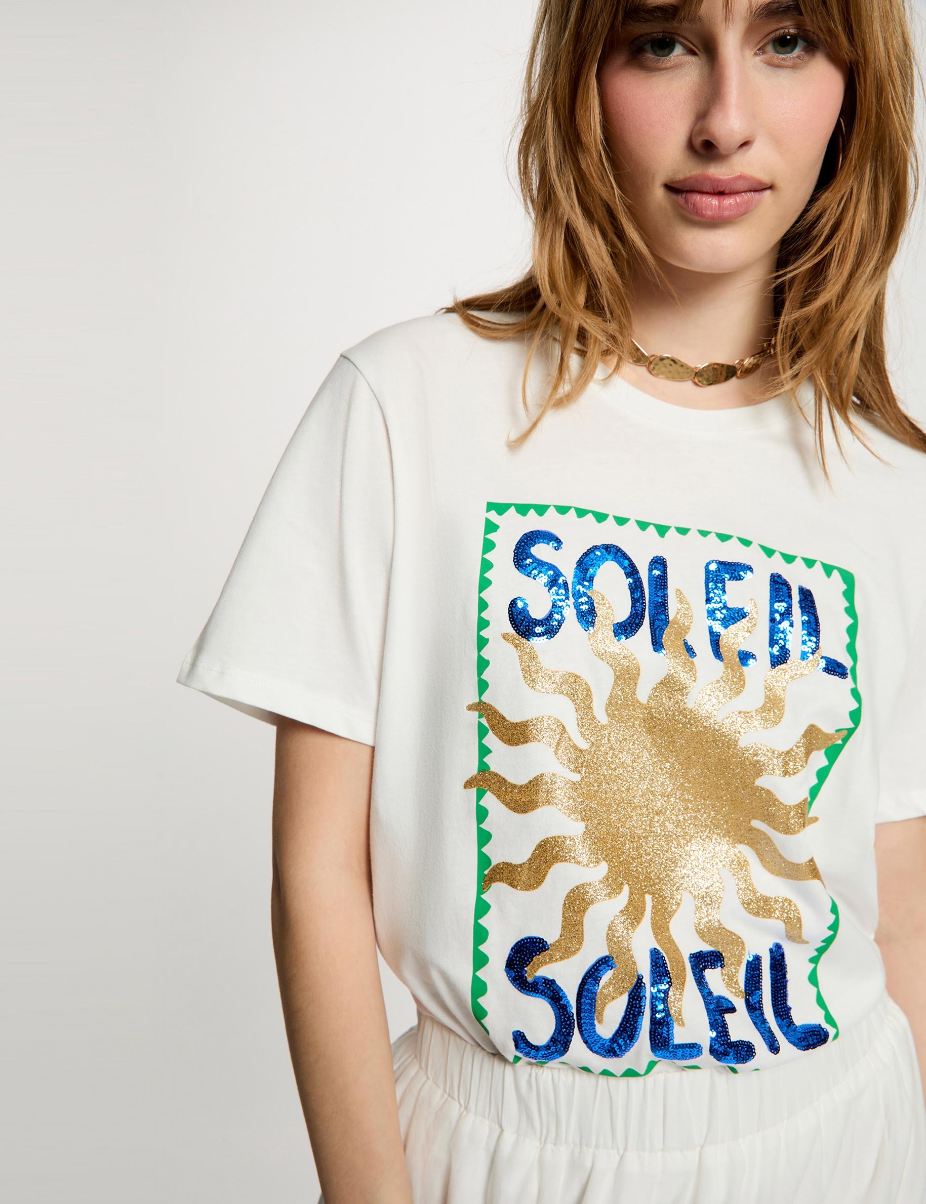 T-shirt col rond &agrave; motif blanc femme