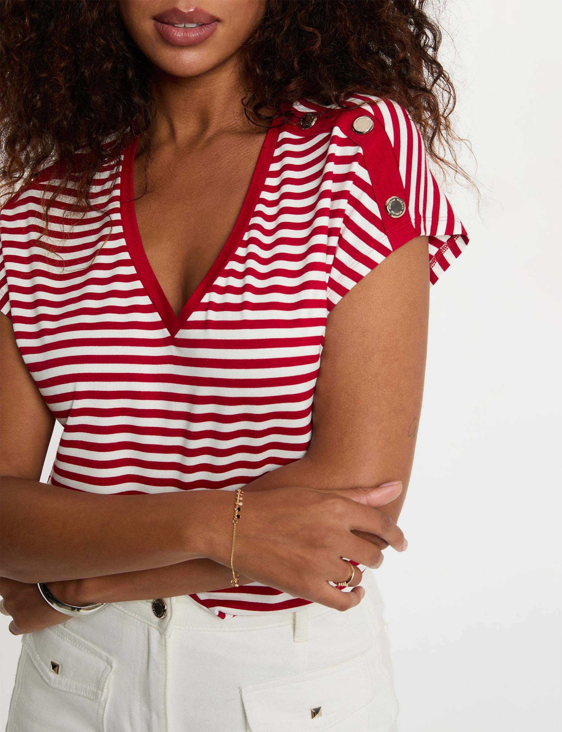 Gestreiftes V-Ausschnitt T-Shirt weiss damen