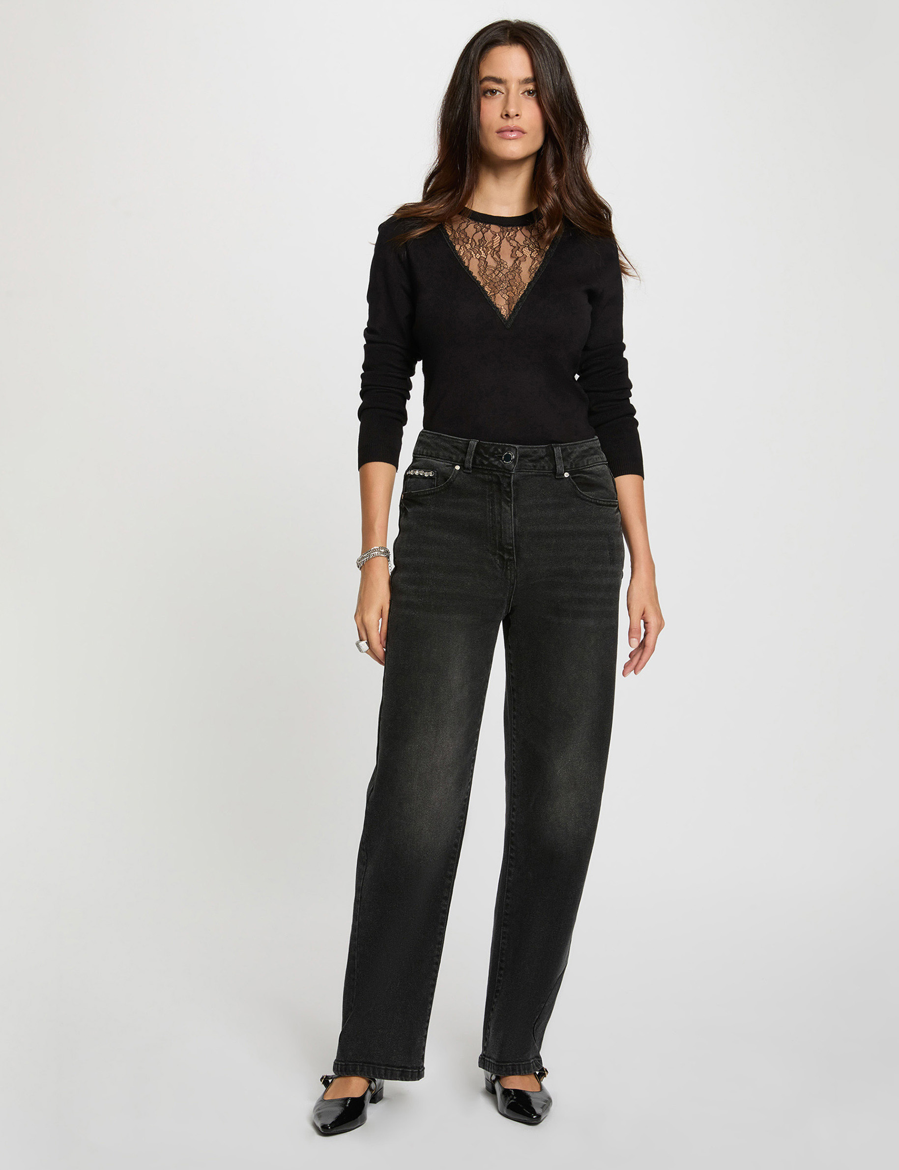 Pull col rond dentelle noir femme