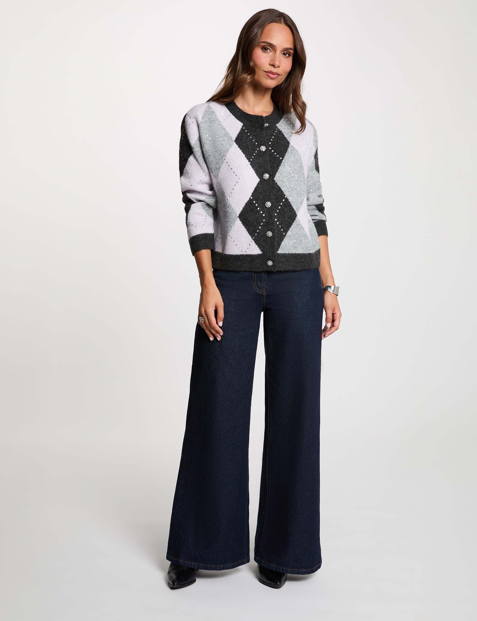 Strickjacke mit Jacquard und Rundhals mittelgrau damen