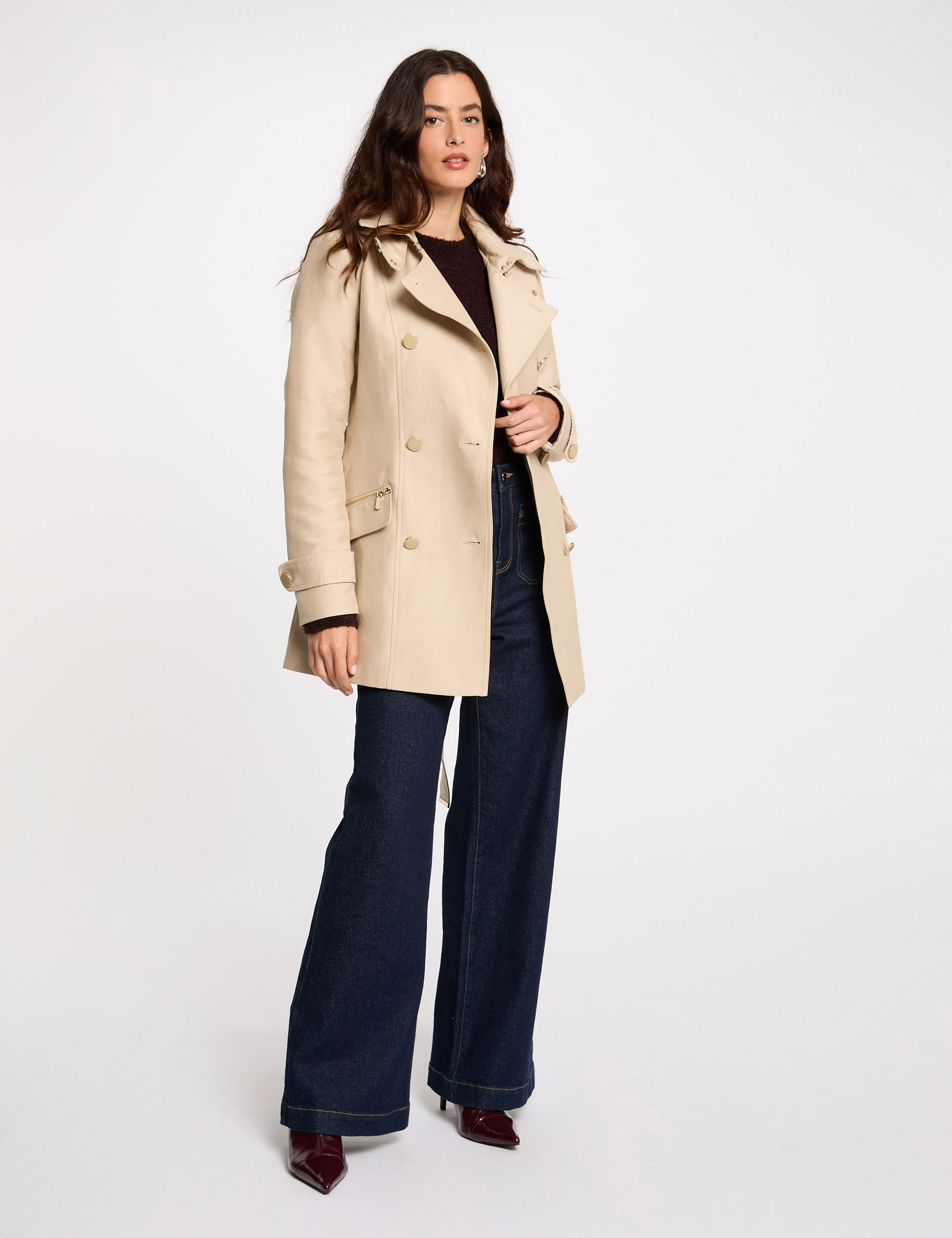 trench cintre ceinture a capuche sable femme Trench cintré ceinturé à capuche sable femme