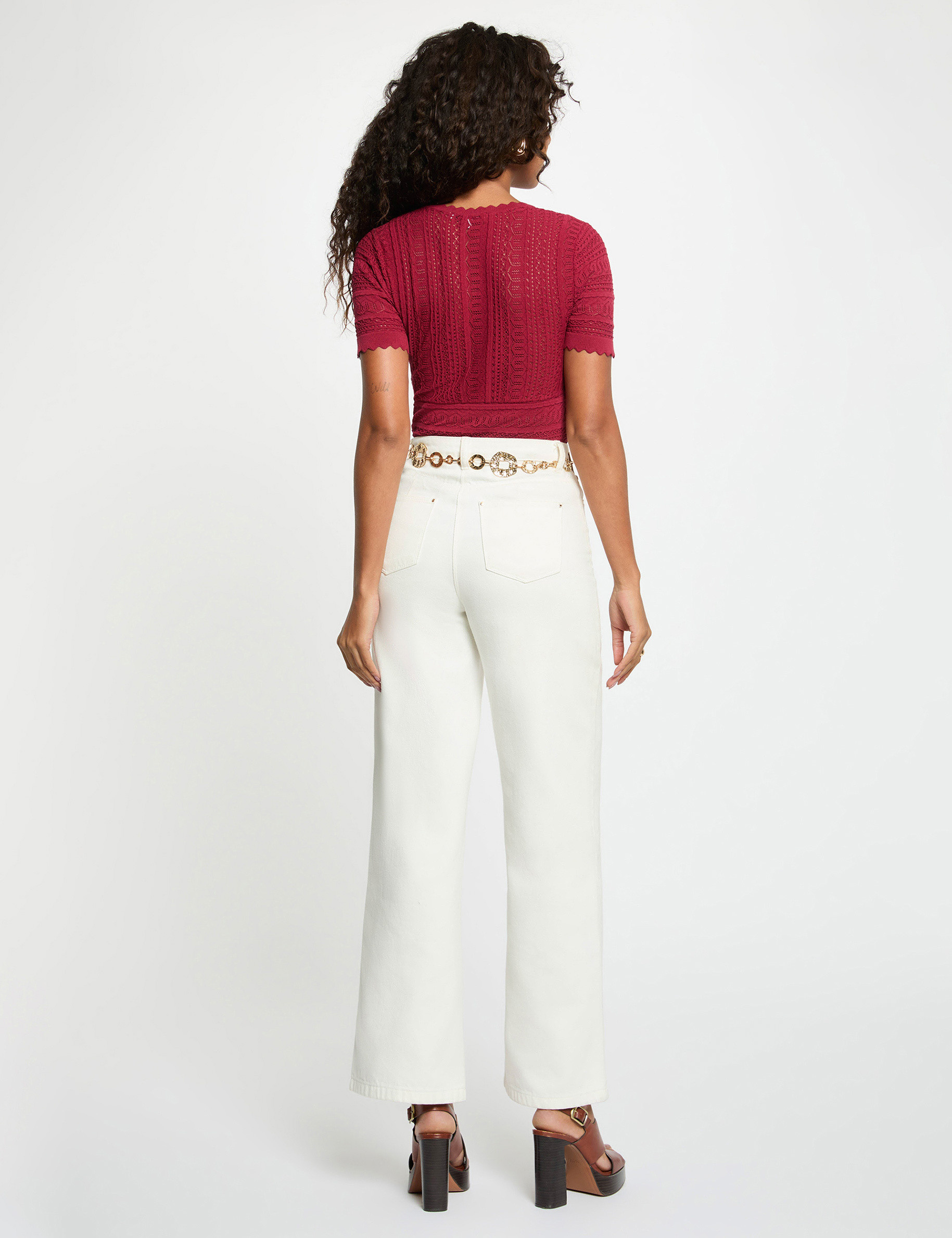 Top &agrave; manches courtes en dentelle bordeaux femme
