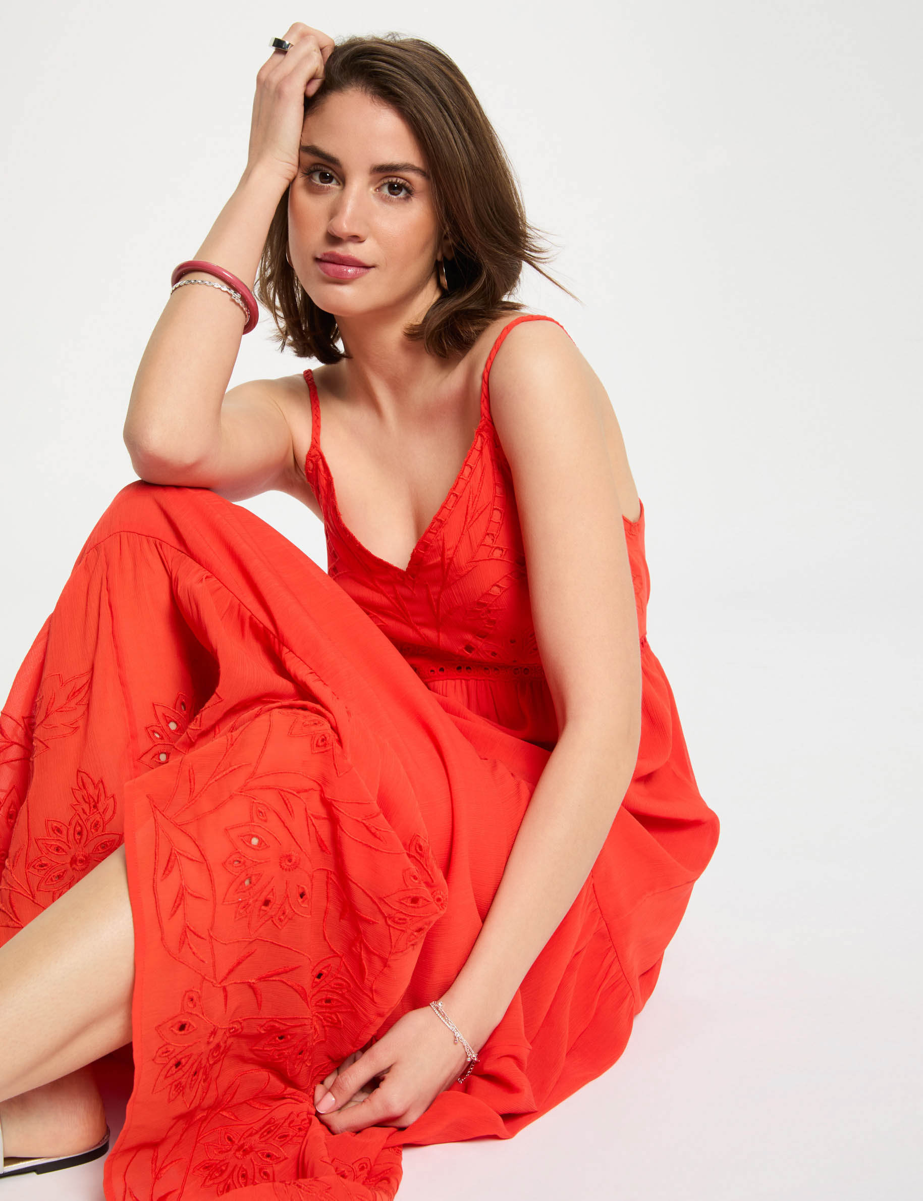 robe longue fluide broderie orange femme Robe longue fluide broderie orange femme