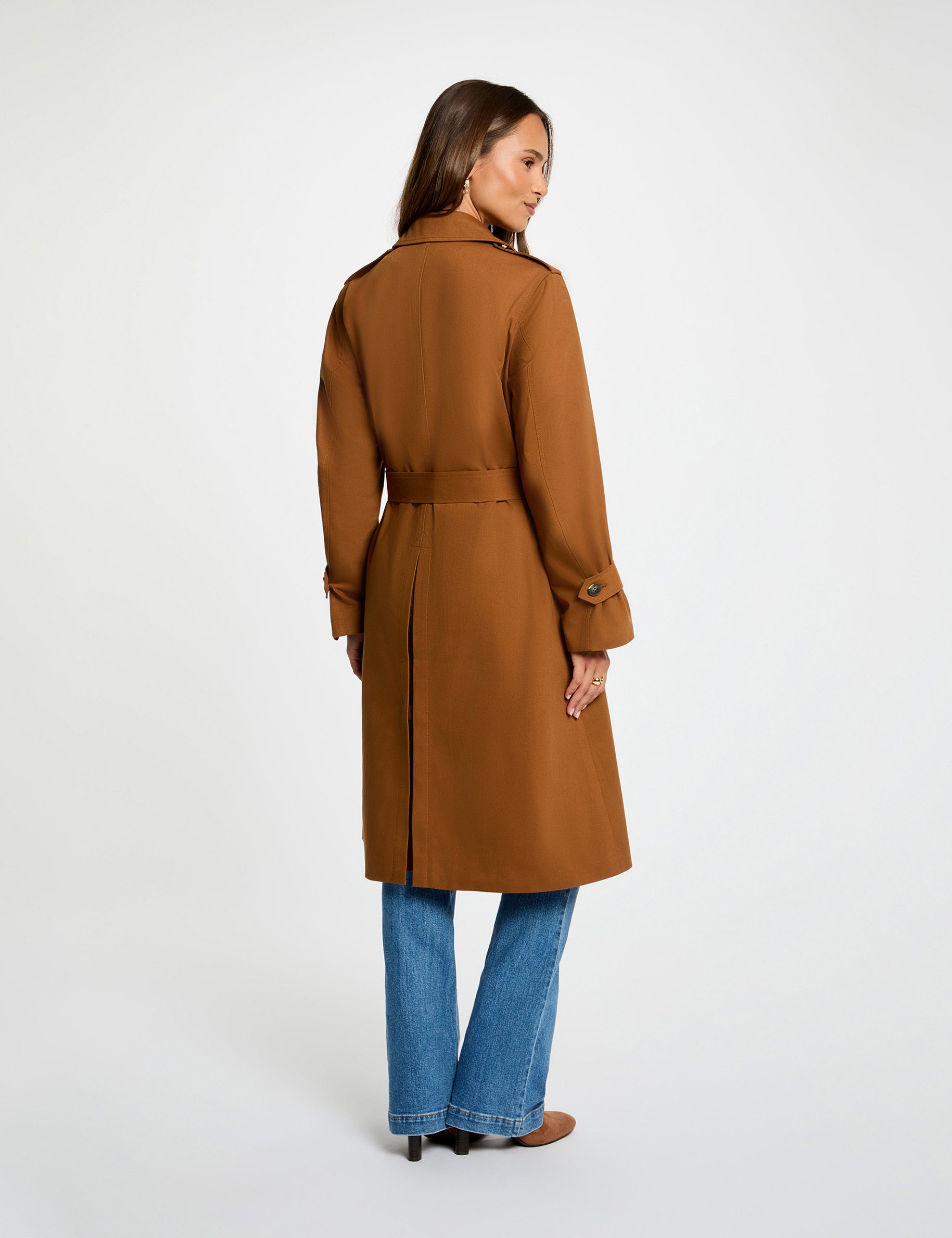 Trench long col tailleur marron cognac femme